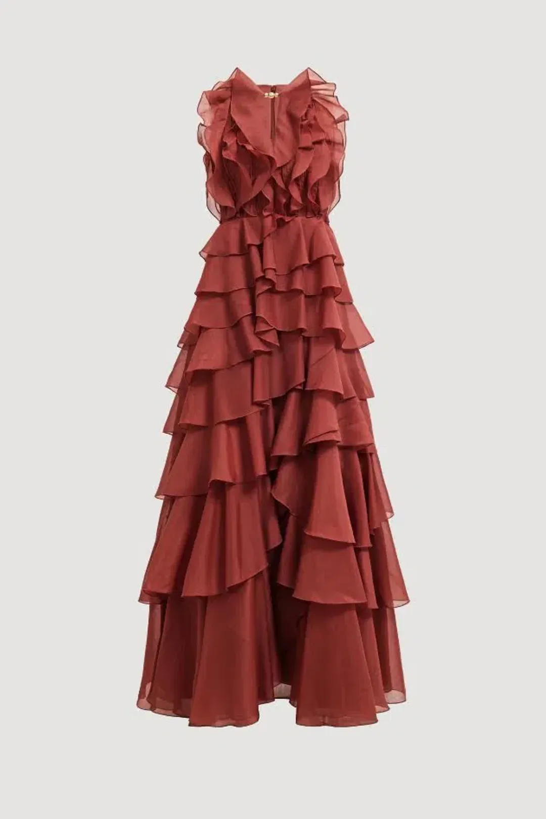 🤎 Aje Cleo Gown in Rust Brown - Size 8 - Ruffle Tiered Maxi Dress 🤎 for rent on The Volte - main image