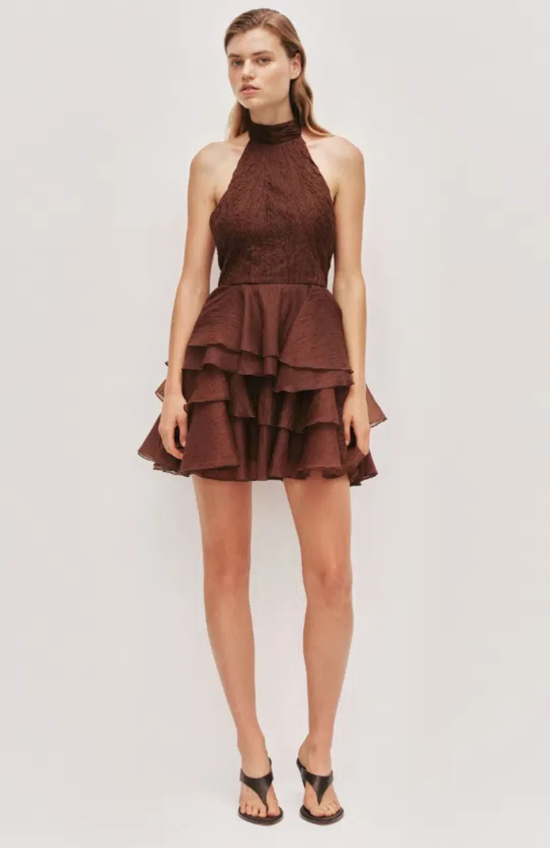 AJE Fayette Mini Dress Dark Chocolate Size 10 for rent on The Volte - main image