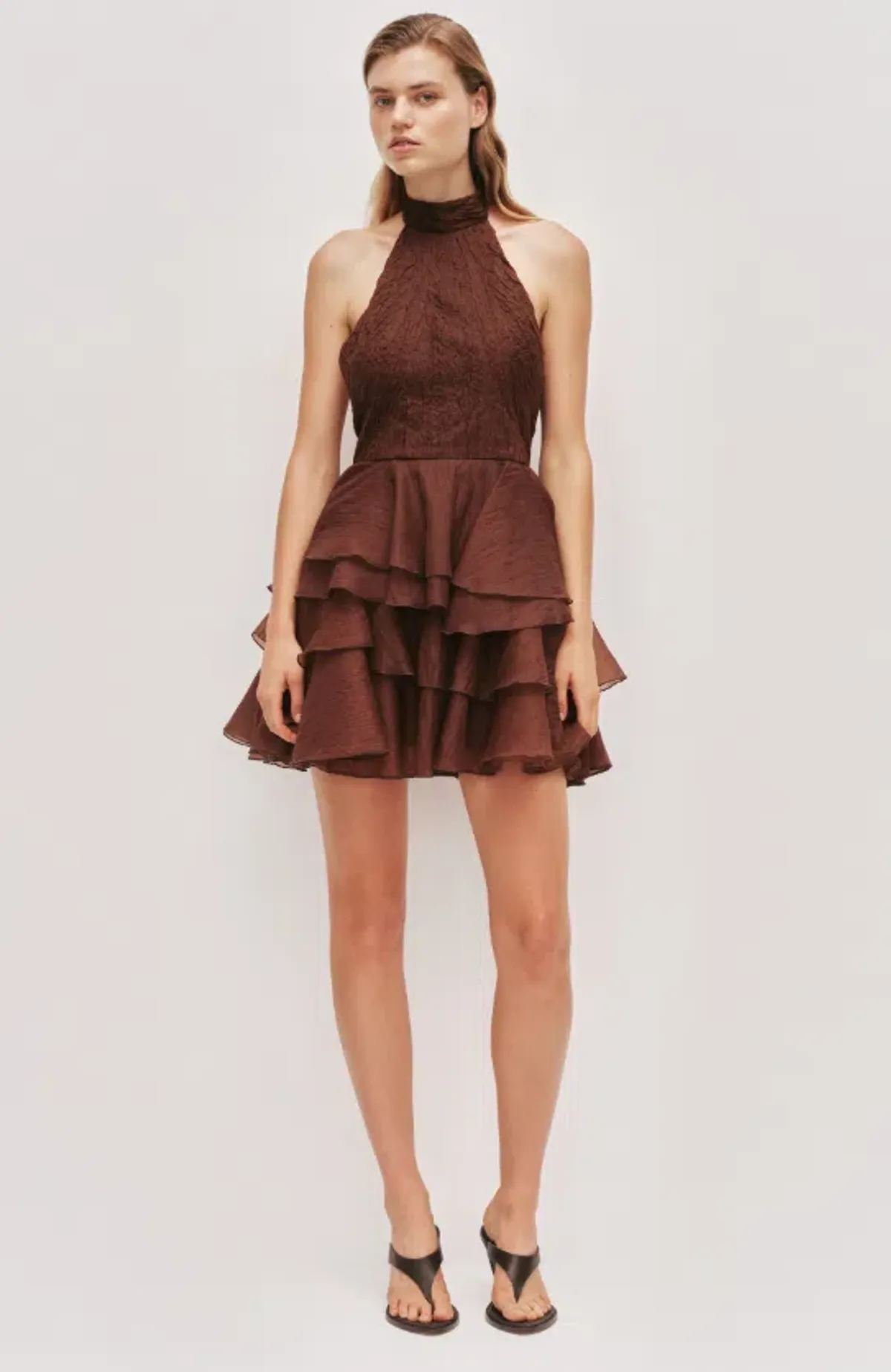 AJE Fayette Mini Dress Dark Chocolate Size 10 for rent on The Volte - main image