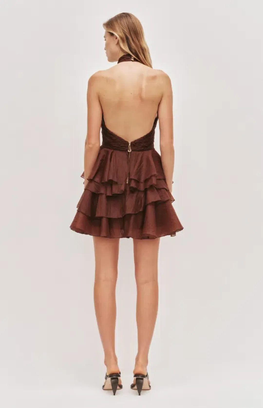 AJE Fayette Mini Dress Dark Chocolate Size 10 for rent on The Volte - main image