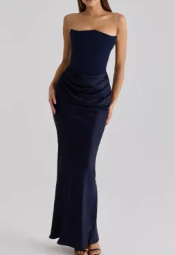 House of CB House of CB Persephone navy satin + crepe strapless corset maxi dress Regular Cup Size L for rent on The Volte - image 1