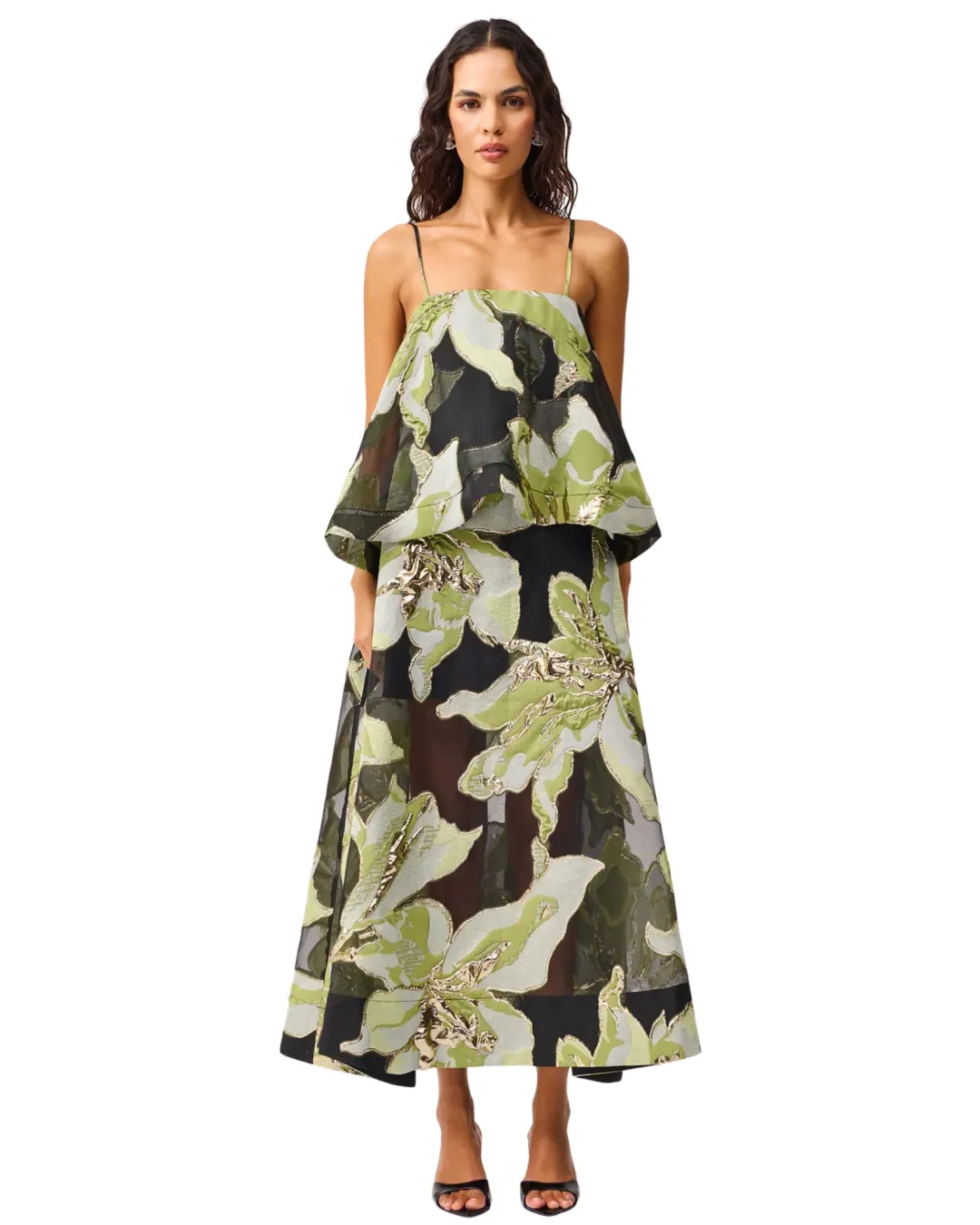 Elliatt Elysia Tiered Gown Black Green Floral Size L for rent on The Volte - main image