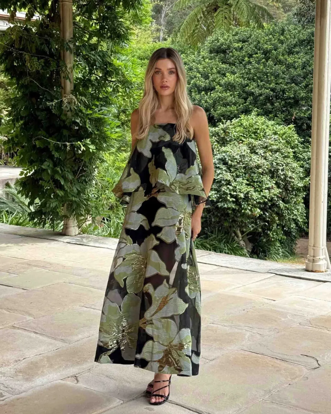 Elliatt Elysia Tiered Gown Black Green Floral Size XL for rent on The Volte - main image