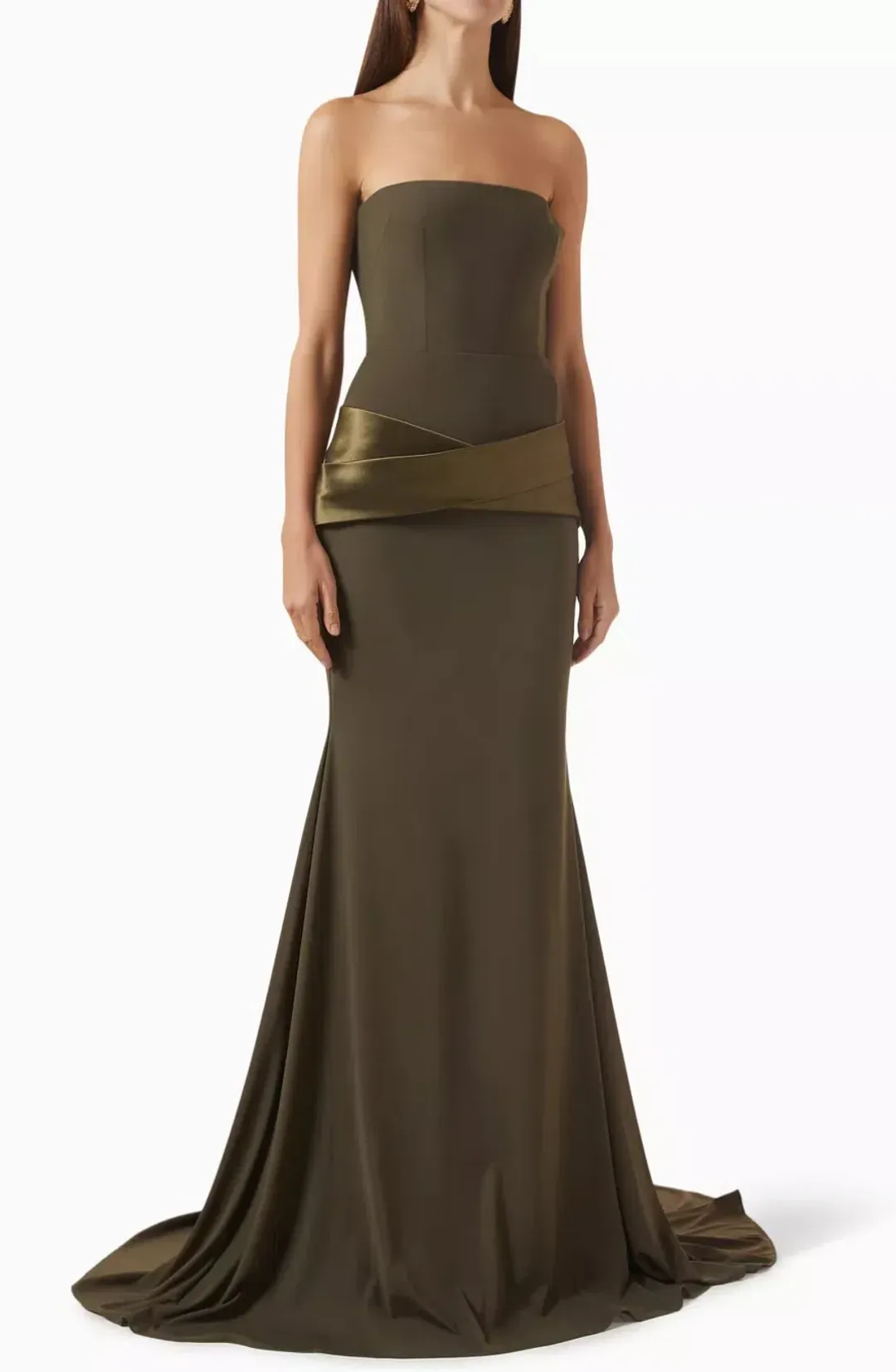 Alex Perry Draped Strapless Gown In Green Stretch Mesh In AU 6 for rent on The Volte - main image