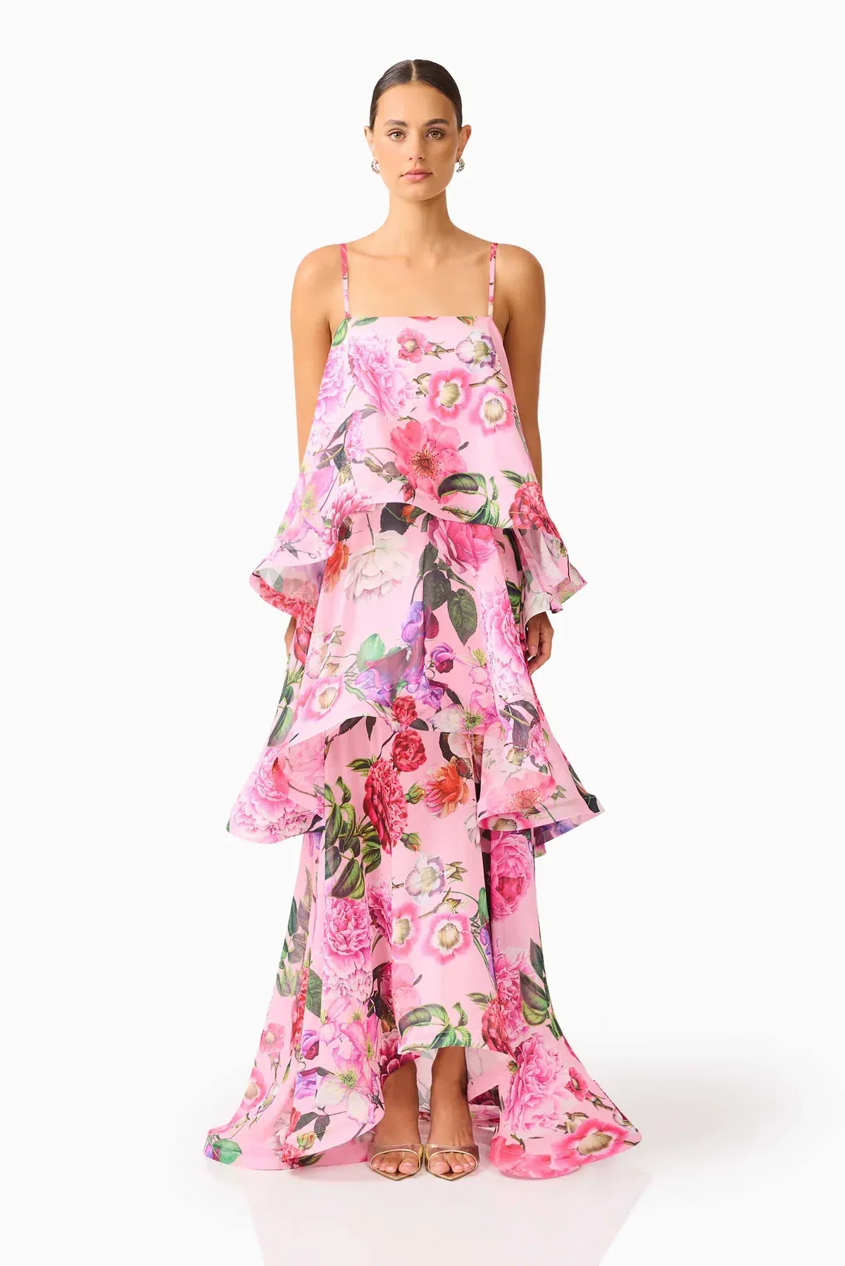 Elliatt Armani Tiered Maxi Dress in Pink Floral, Size L (12-14) - Image 2