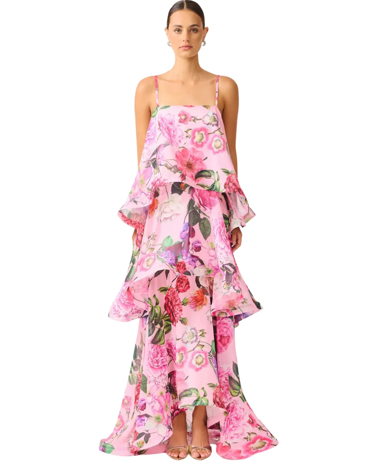 Elliatt Armani Tiered Maxi Dress Pink Floral Size L - Image 2