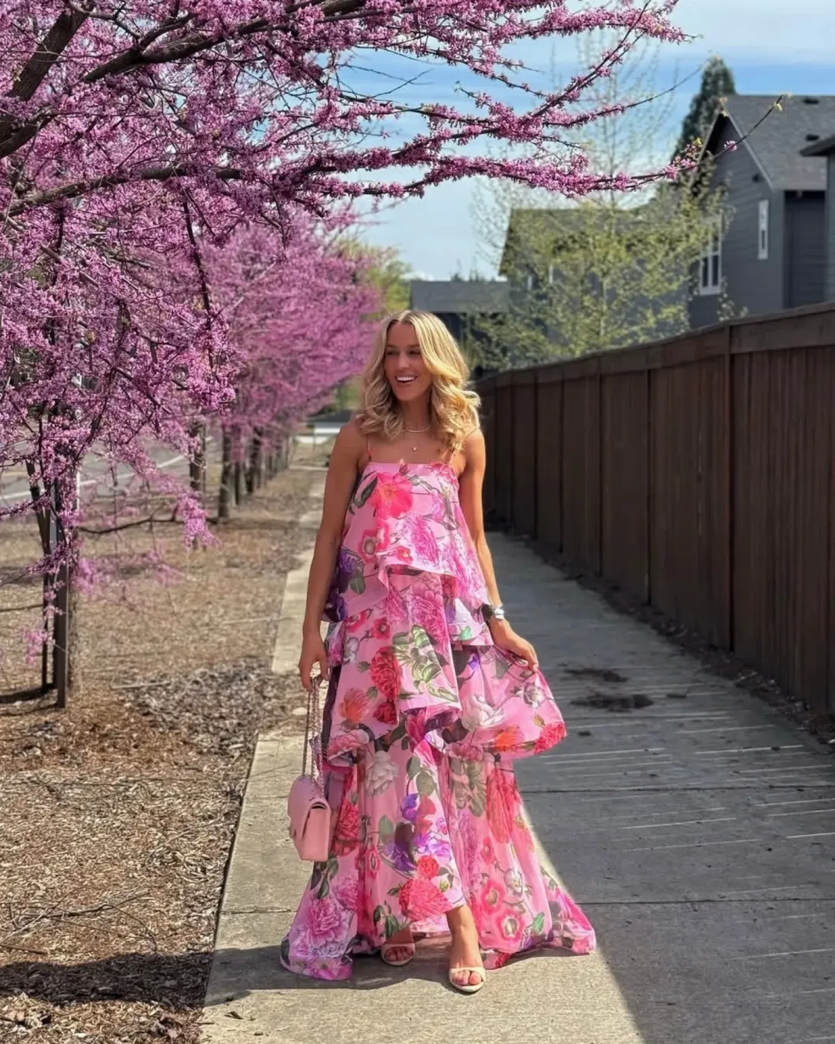 Elliatt Armani Tiered Maxi Dress Pink Floral Size M - Image 1