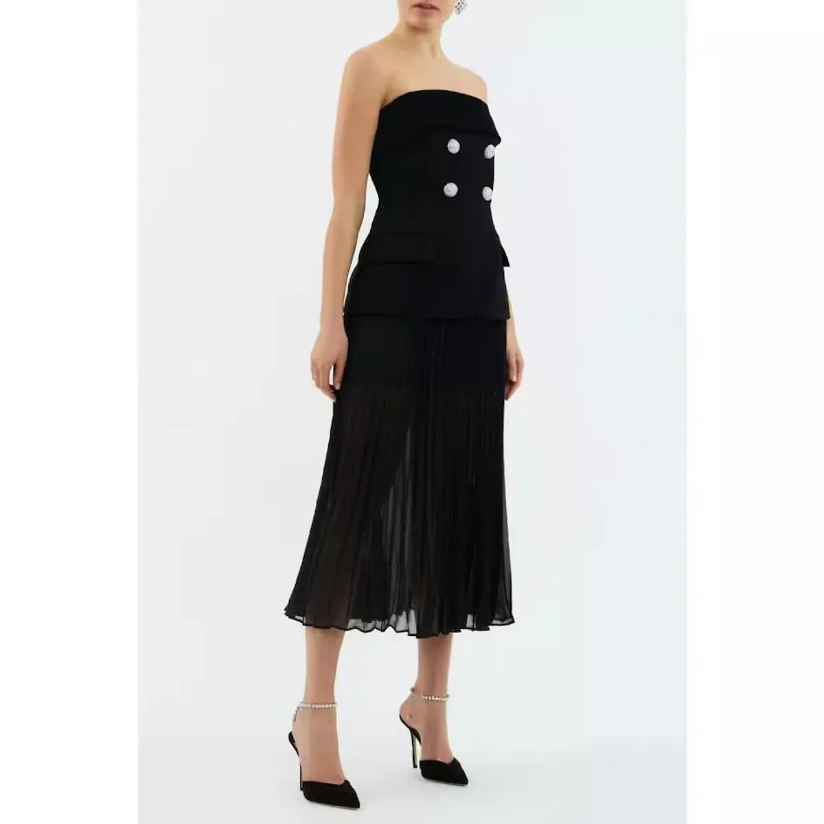 🖤 Rebecca Vallance Celia Midi Dress Size 12 AU - Black Sheer Strapless Gown 🖤 - Image 3
