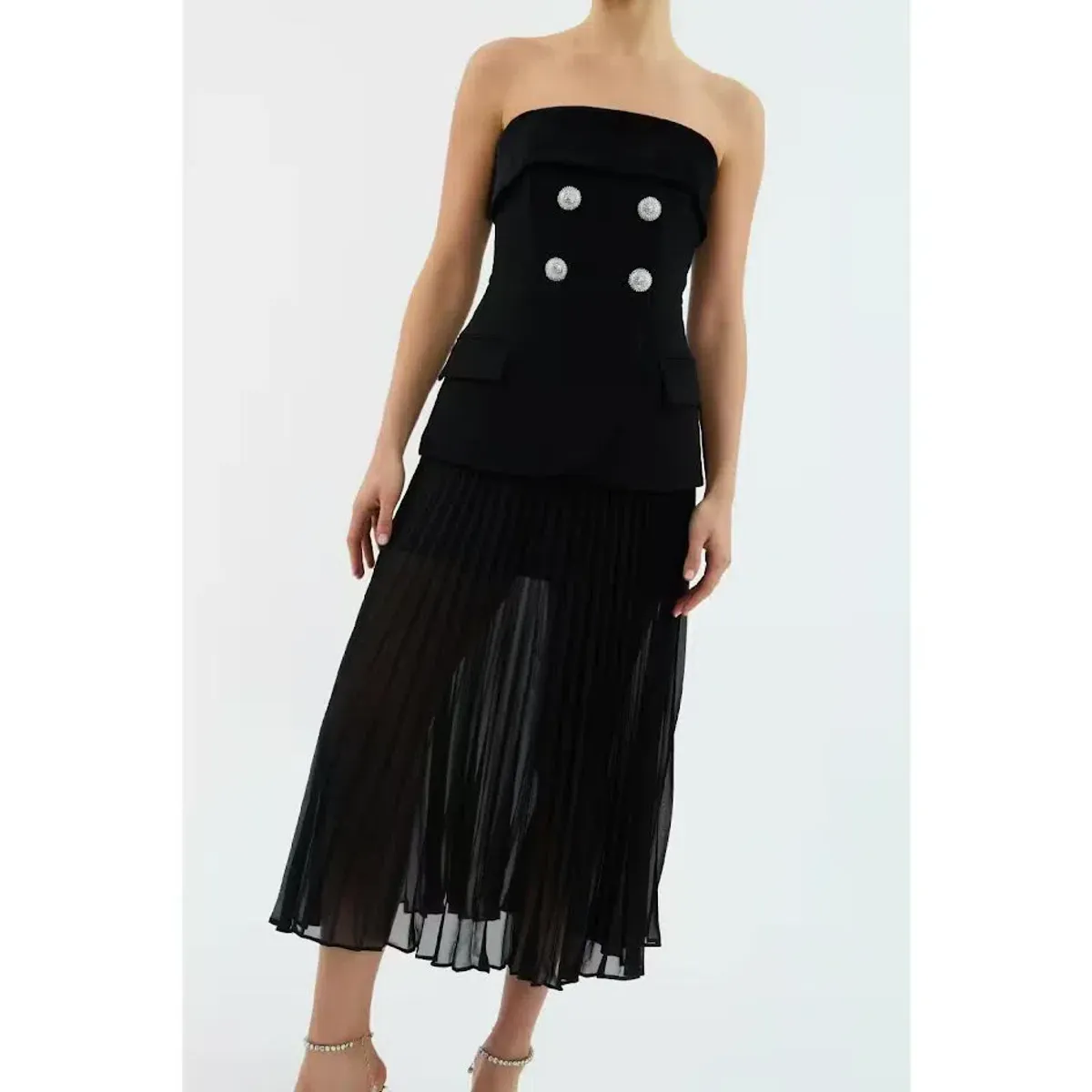 🖤 Rebecca Vallance Celia Midi Dress Size 12 AU - Black Sheer Strapless Gown 🖤 - Image 4