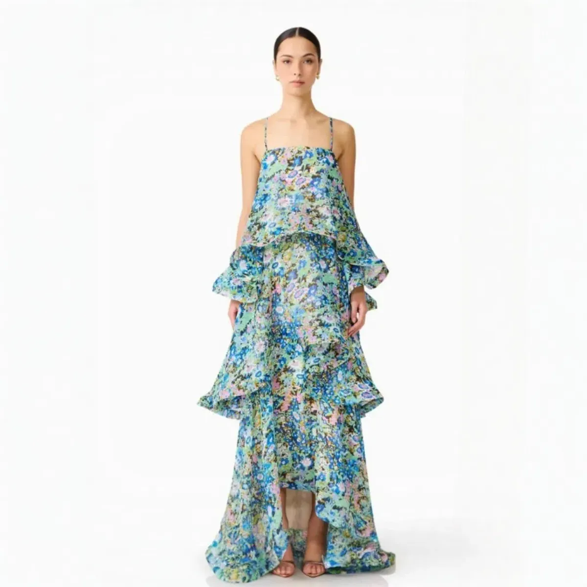 Elliatt Armani Tiered Maxi Dress In Blue Floral Size Large for rent on The Volte - main image