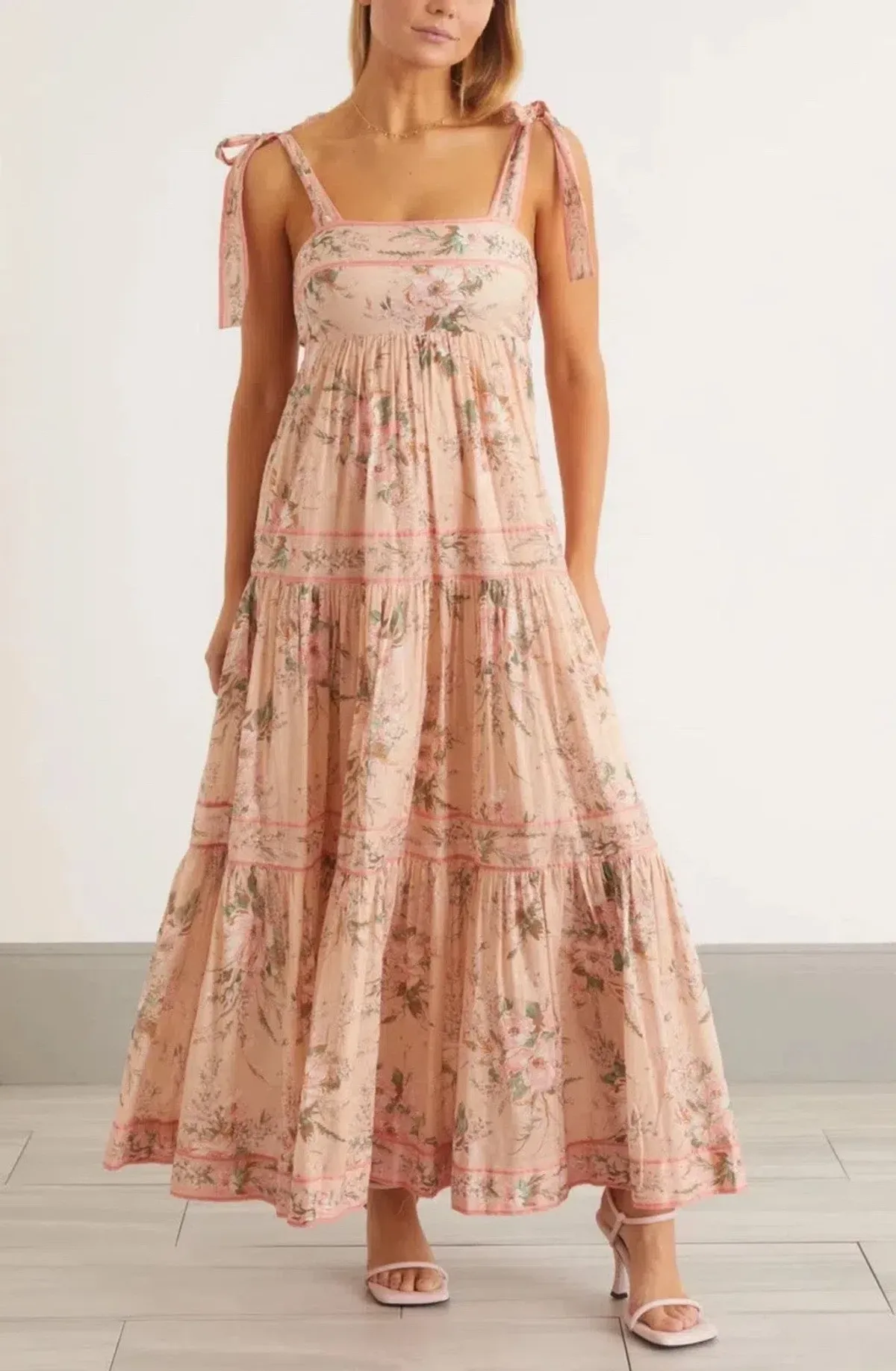 🌸 ZIMMERMAN Moonshine Tie Shoulder Dress – Cream & Pink Floral Maxi – Size 3 / 14 AU 🌸 - Image 4