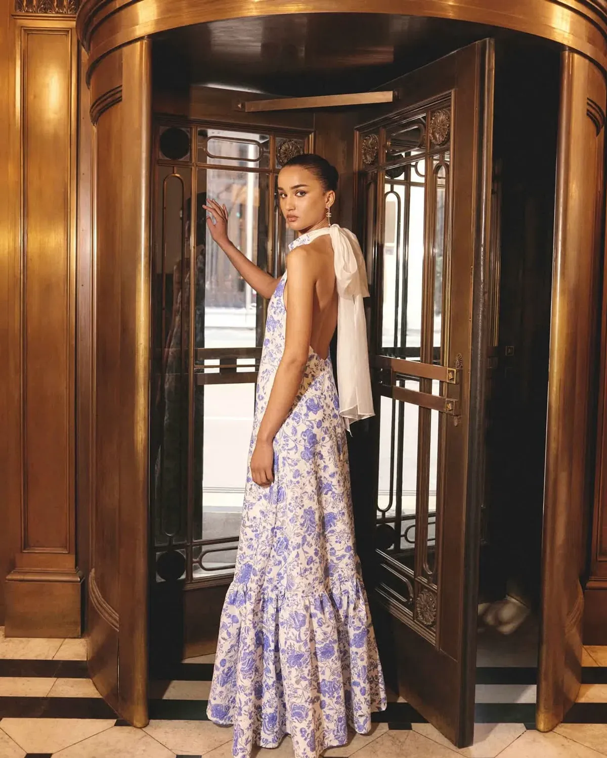 Elliatt Elin Halter Gown in Blue Floral Size S/AU 8 for rent on The Volte - main image
