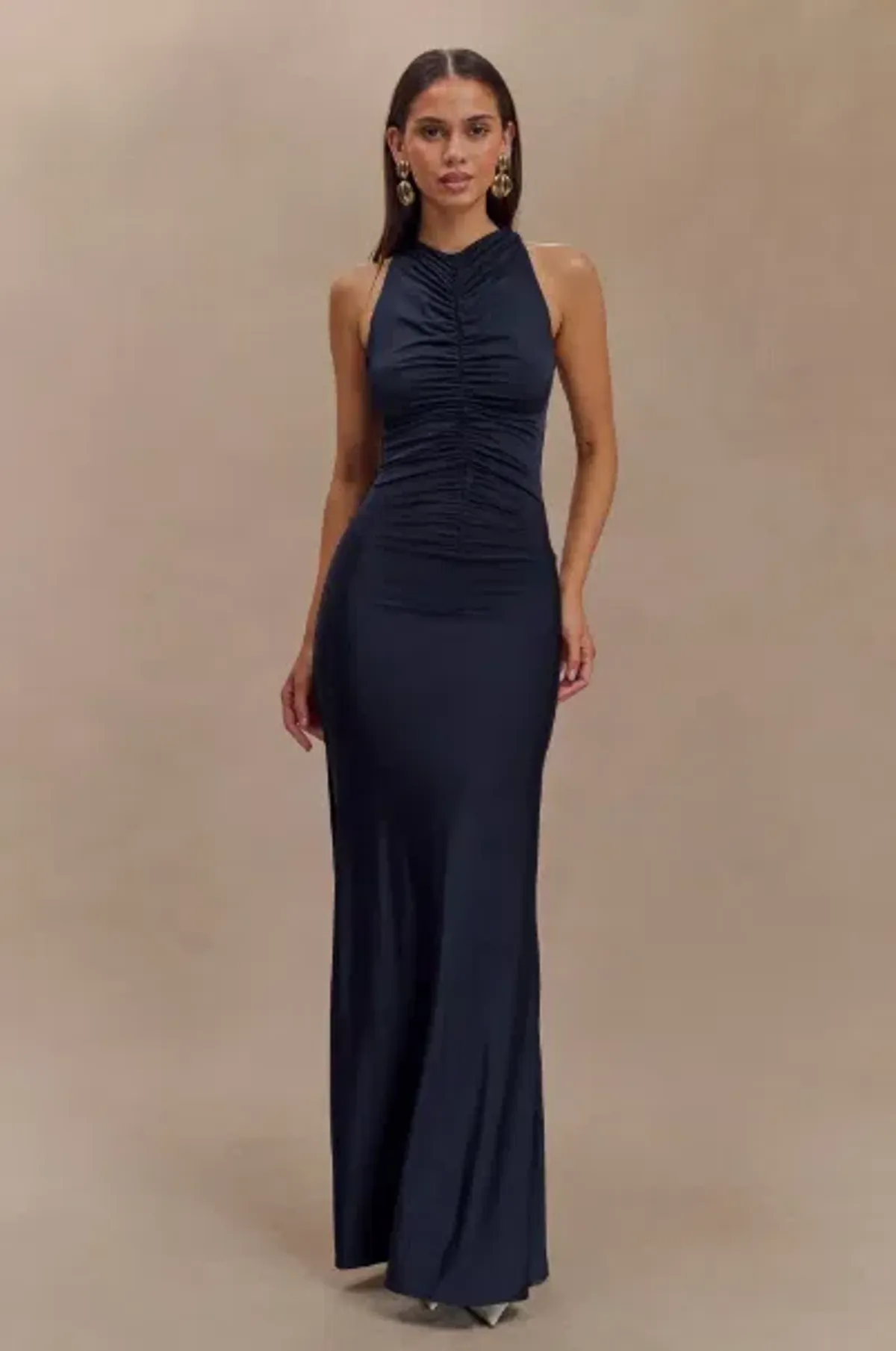 Navy high neck slinky dress - Image 1