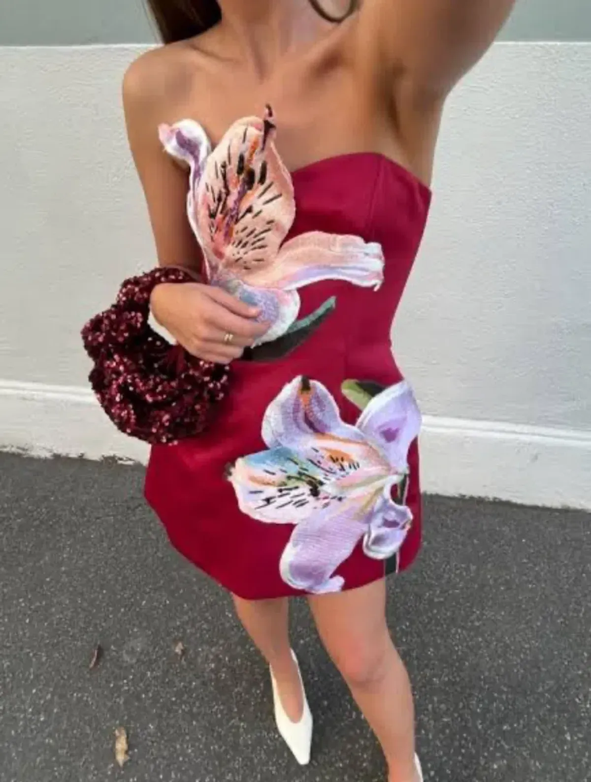 Leo Lin Rosario Appliqué Bustier Mini Dress - Lily Print in Oxblood Size 12 - Image 5