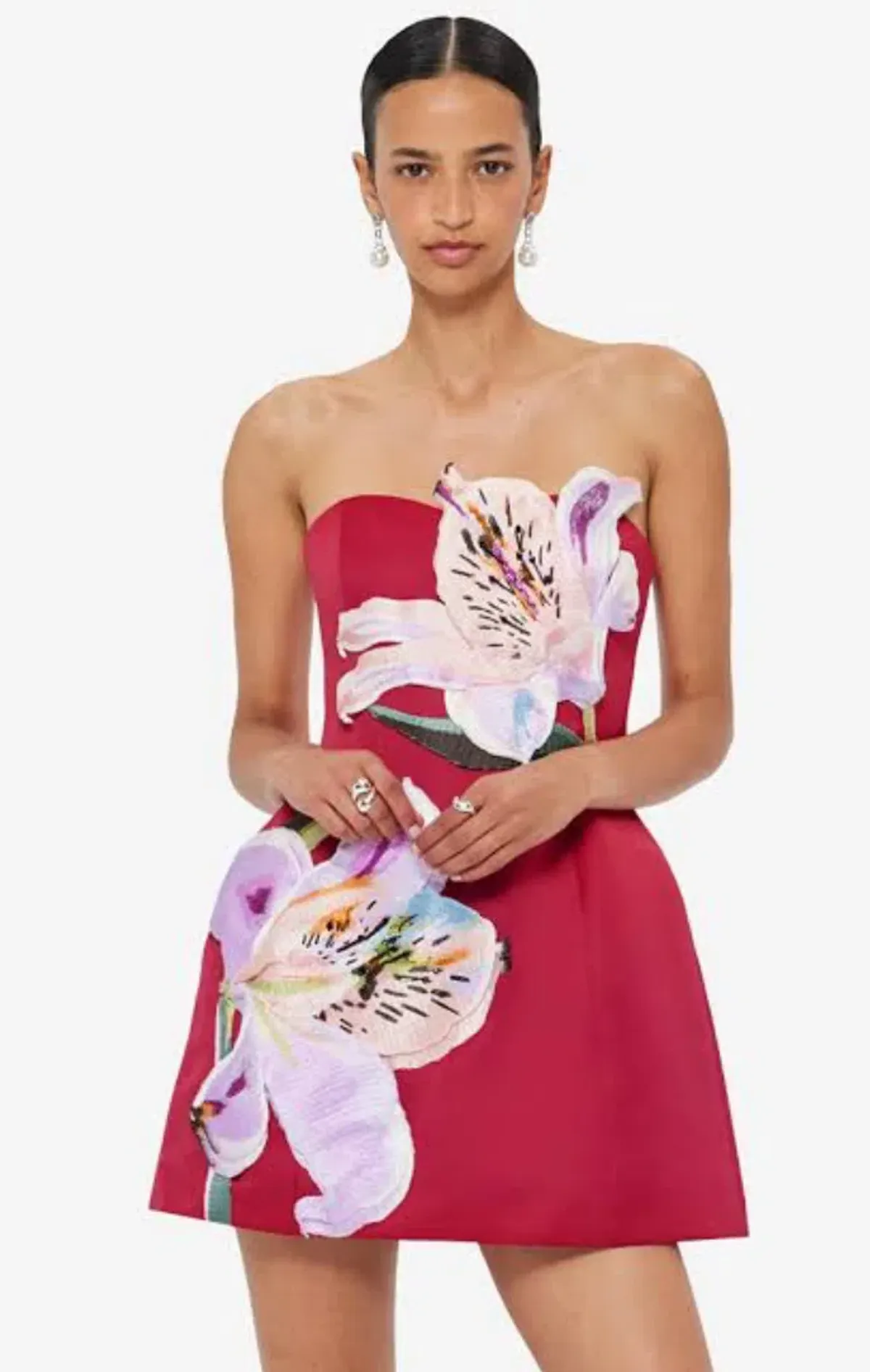 Leo Lin Rosario Appliqué Bustier Mini Dress - Lily Print in Oxblood Size 12 - Image 6