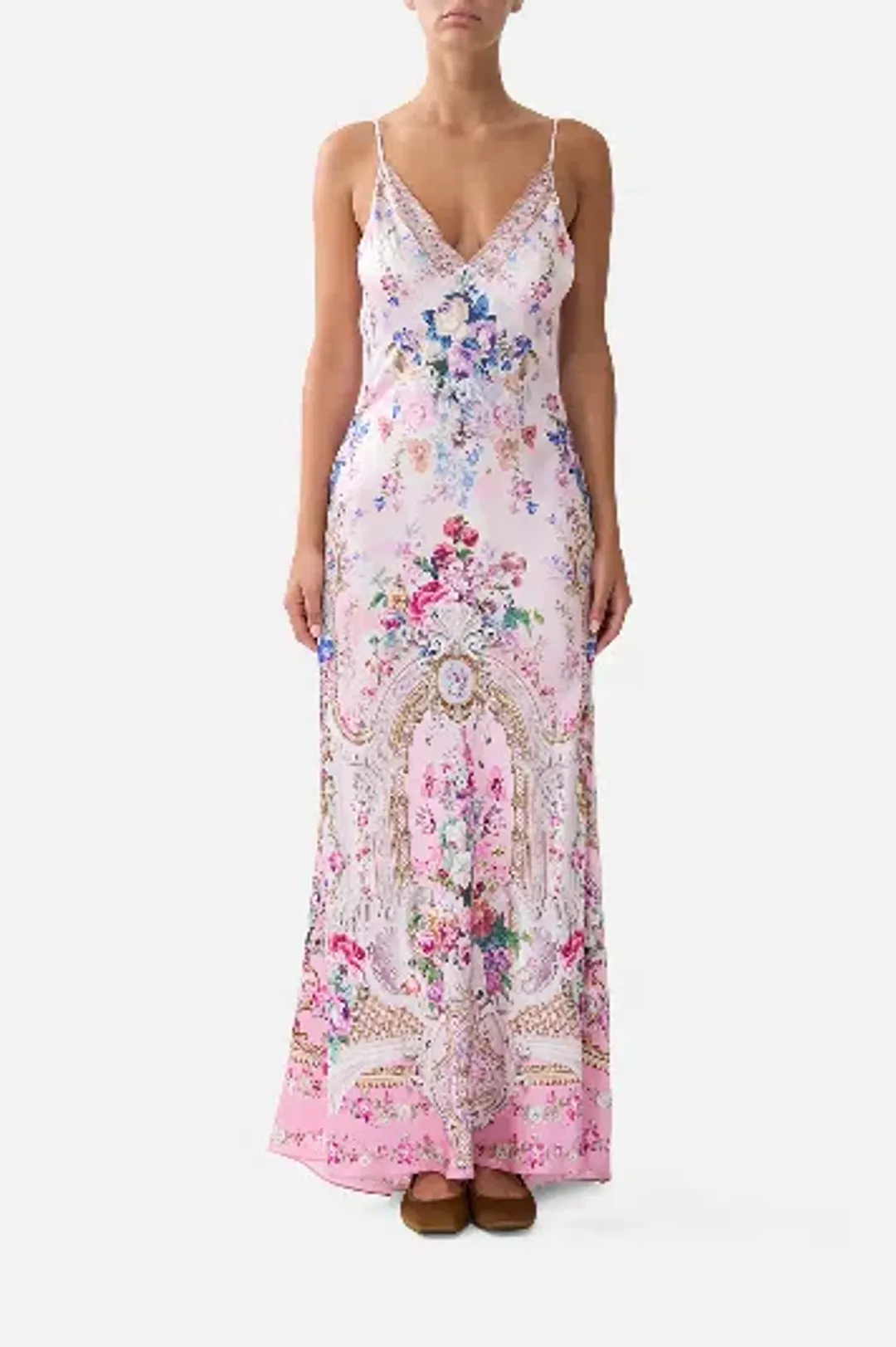 Camilla V-Neck Long Bias Slip Dress With Train Palatial Pastels size S for rent on The Volte - main image
