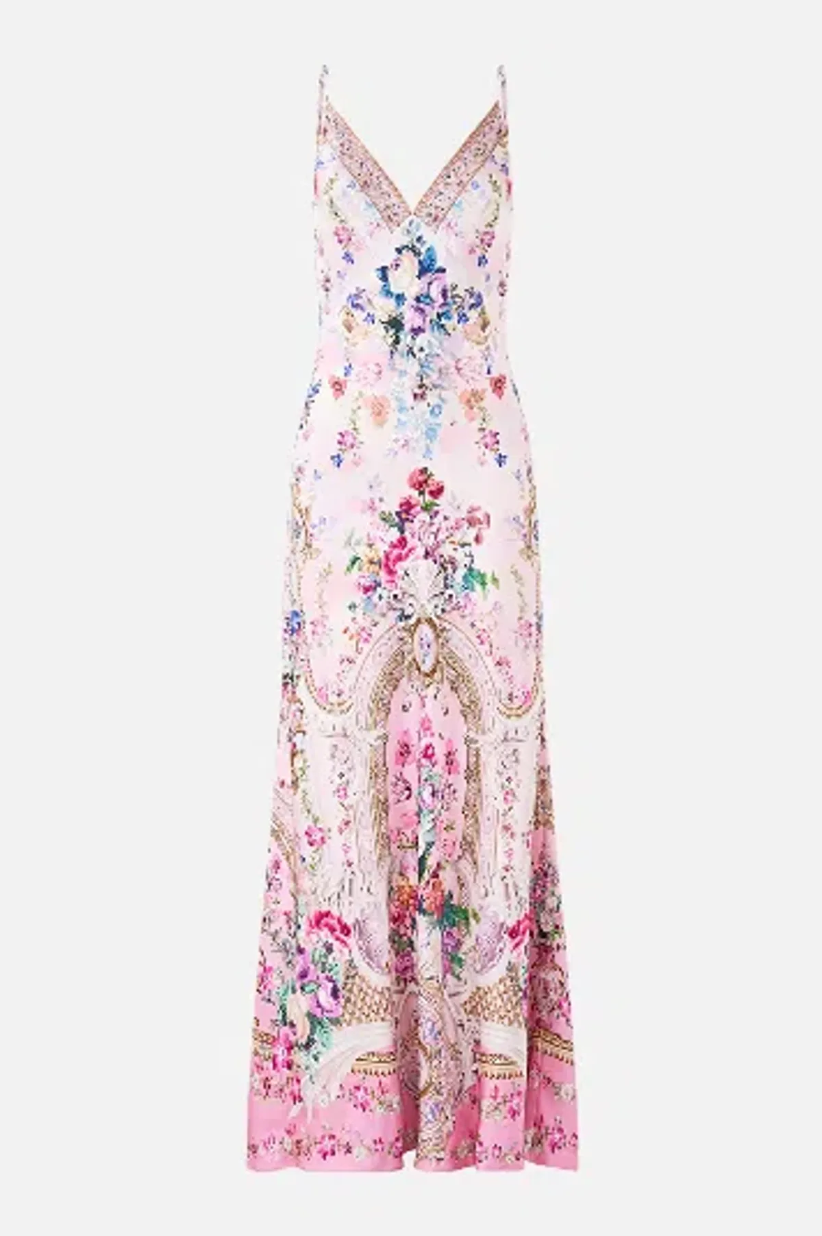 Camilla V-Neck Long Bias Slip Dress With Train Palatial Pastels size S for rent on The Volte - main image