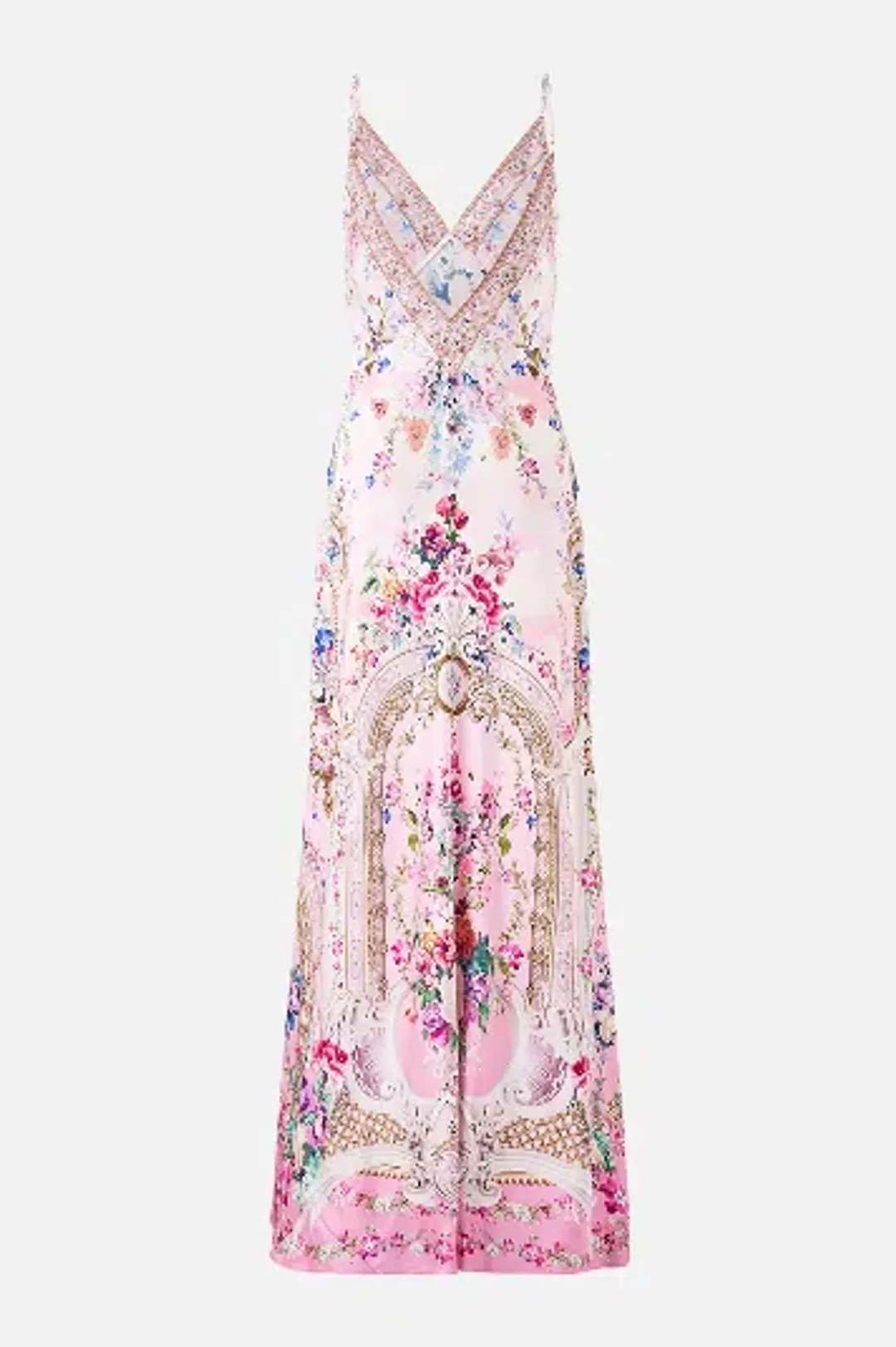 Camilla V-Neck Long Bias Slip Dress With Train Palatial Pastels size S for rent on The Volte - main image