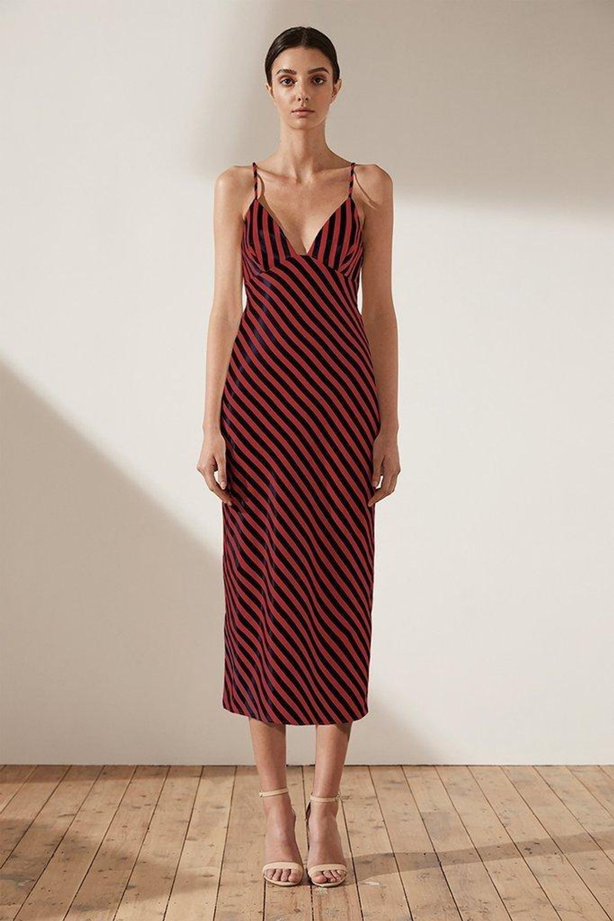 Shona Joy Bias Slip Midi Red and Navy Stripe Size 6 for rent on The Volte - main image