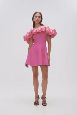 AJE Eldora Ruffle Puff Off the Shoulder Mini Dress In Pink | Size M / Medium for rent on The Volte - image 4