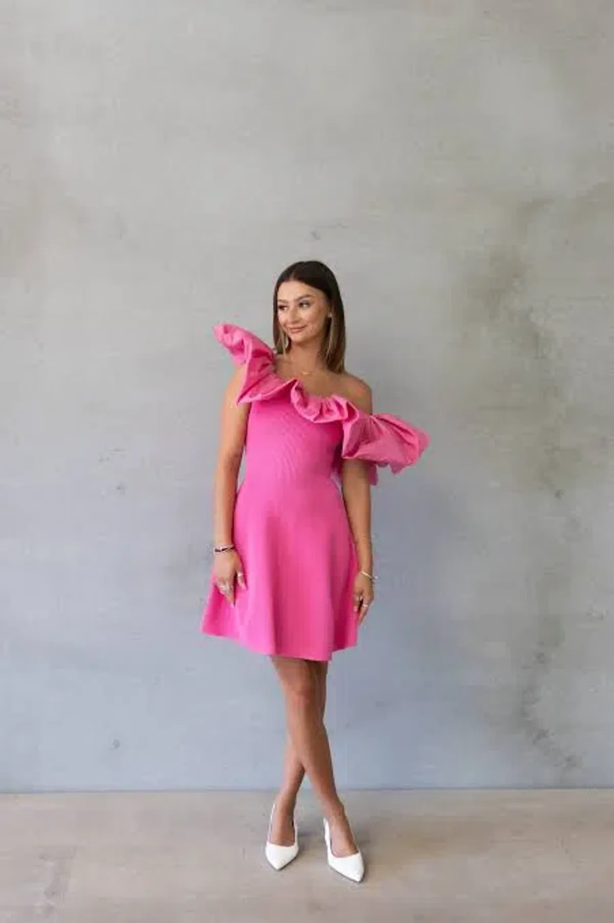 AJE Eldora Ruffle Puff Off the Shoulder Mini Dress In Pink | Size M / Medium for rent on The Volte - main image