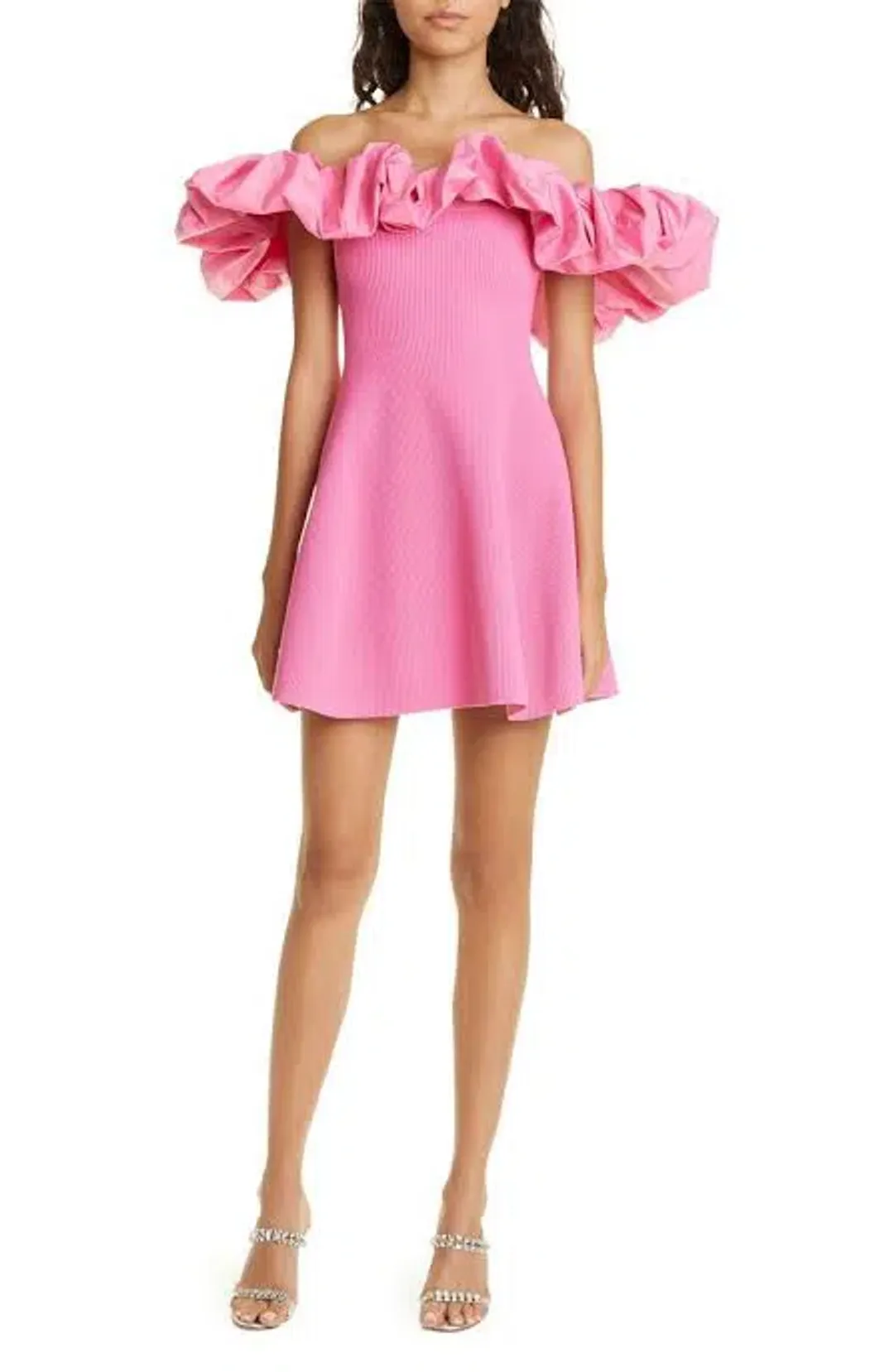 AJE Eldora Ruffle Puff Off the Shoulder Mini Dress In Pink | Size M / Medium for rent on The Volte - main image