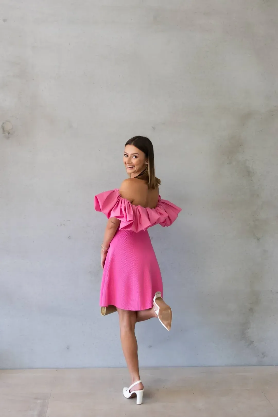 AJE Eldora Ruffle Puff Off the Shoulder Mini Dress In Pink | Size M / Medium for rent on The Volte - main image