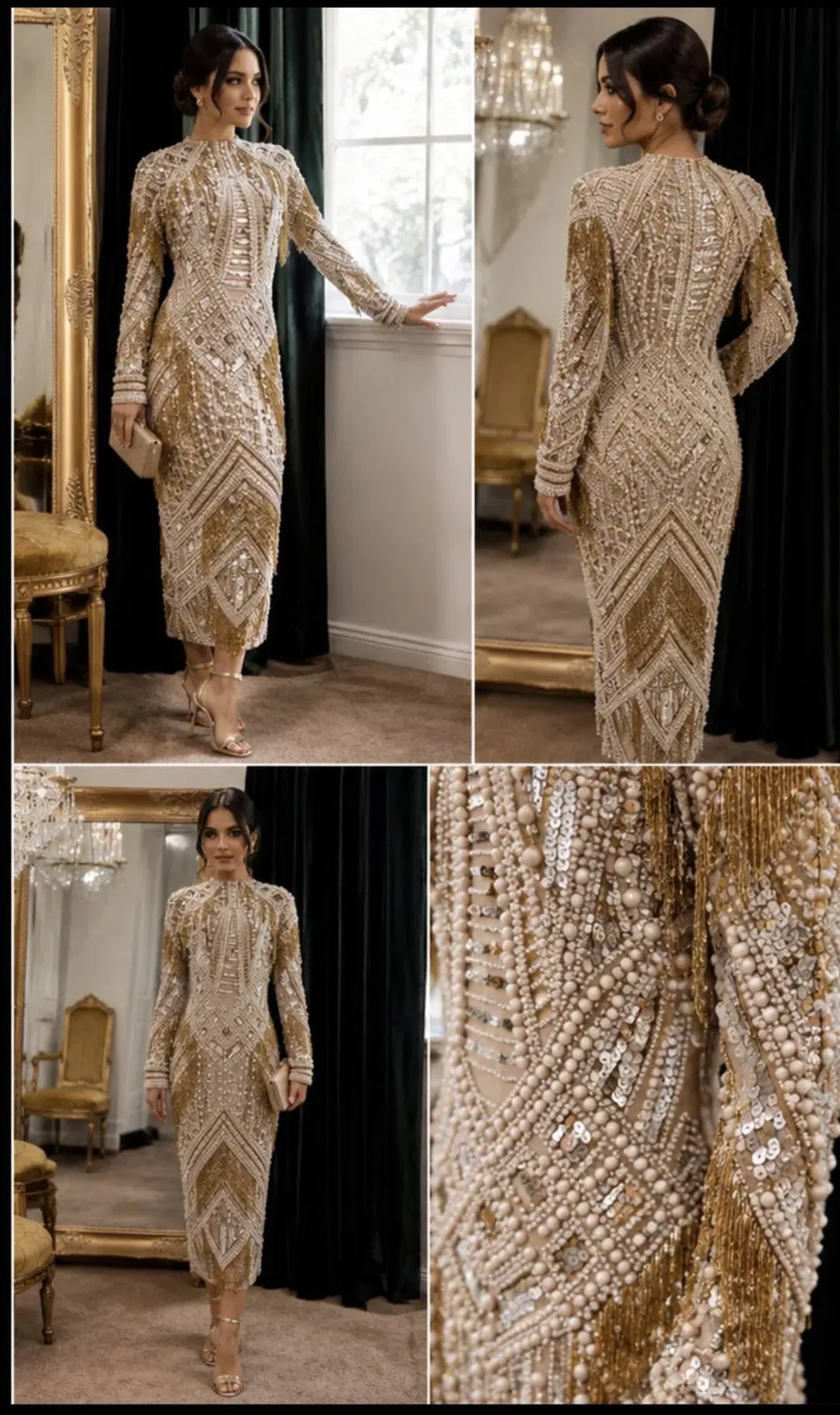 ASOS Limited Edition Pearl & Gold Embellished Fringe Midi Dress for rent on The Volte - main image