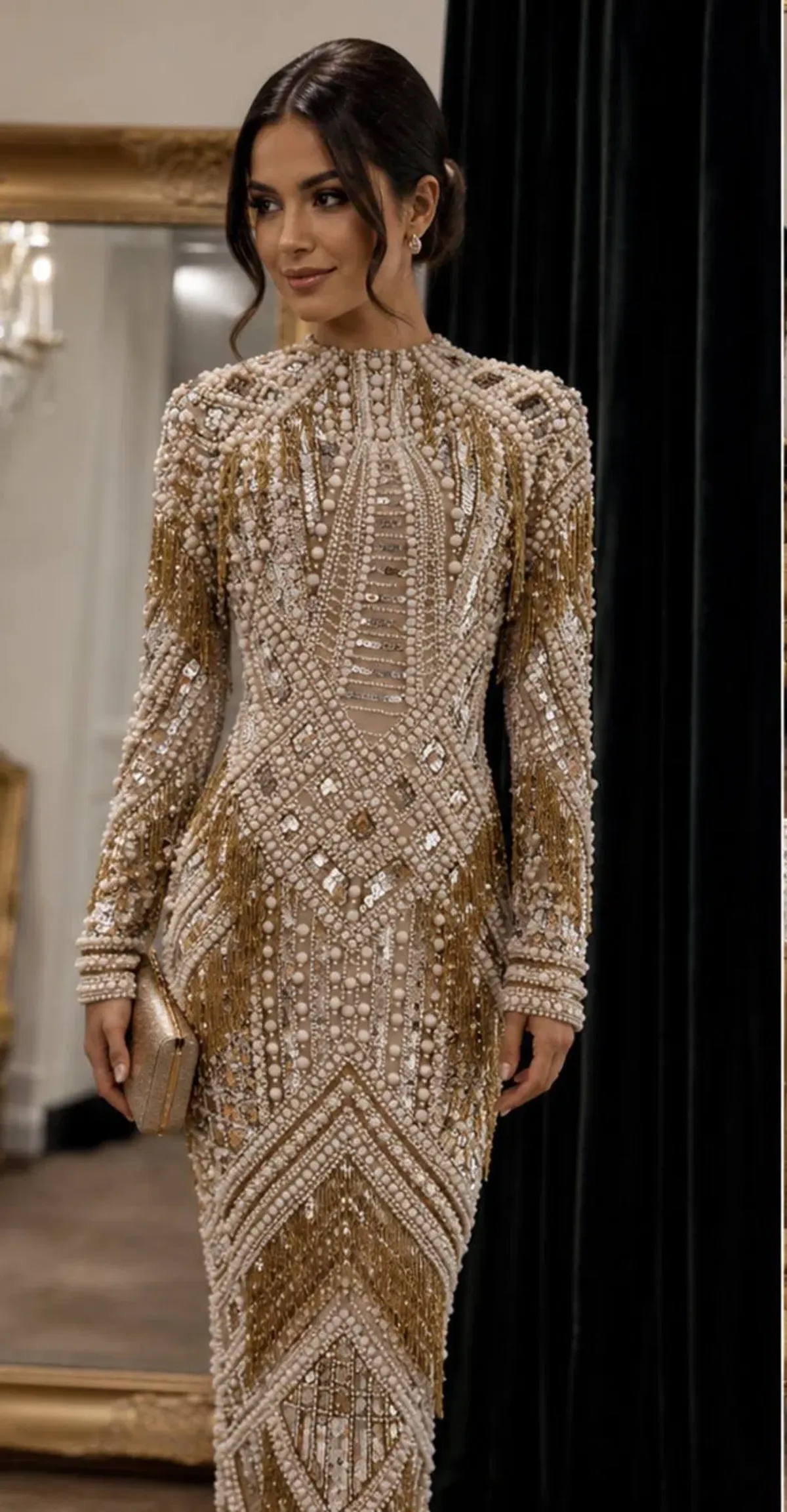 ASOS Limited Edition Pearl & Gold Embellished Fringe Midi Dress for rent on The Volte - main image