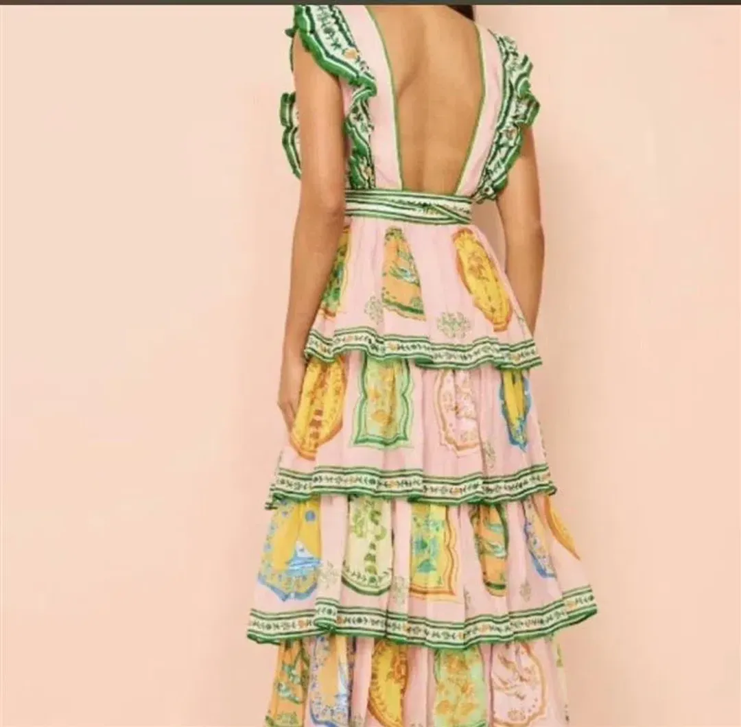Alemais Porcelain Frill Midi Dress In Pink Size 16 for rent on The Volte - main image