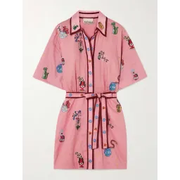 Alemais Timmy Pink Linen Embroidered Mini Shirt Dress Size 16 for rent on The Volte - image 2
