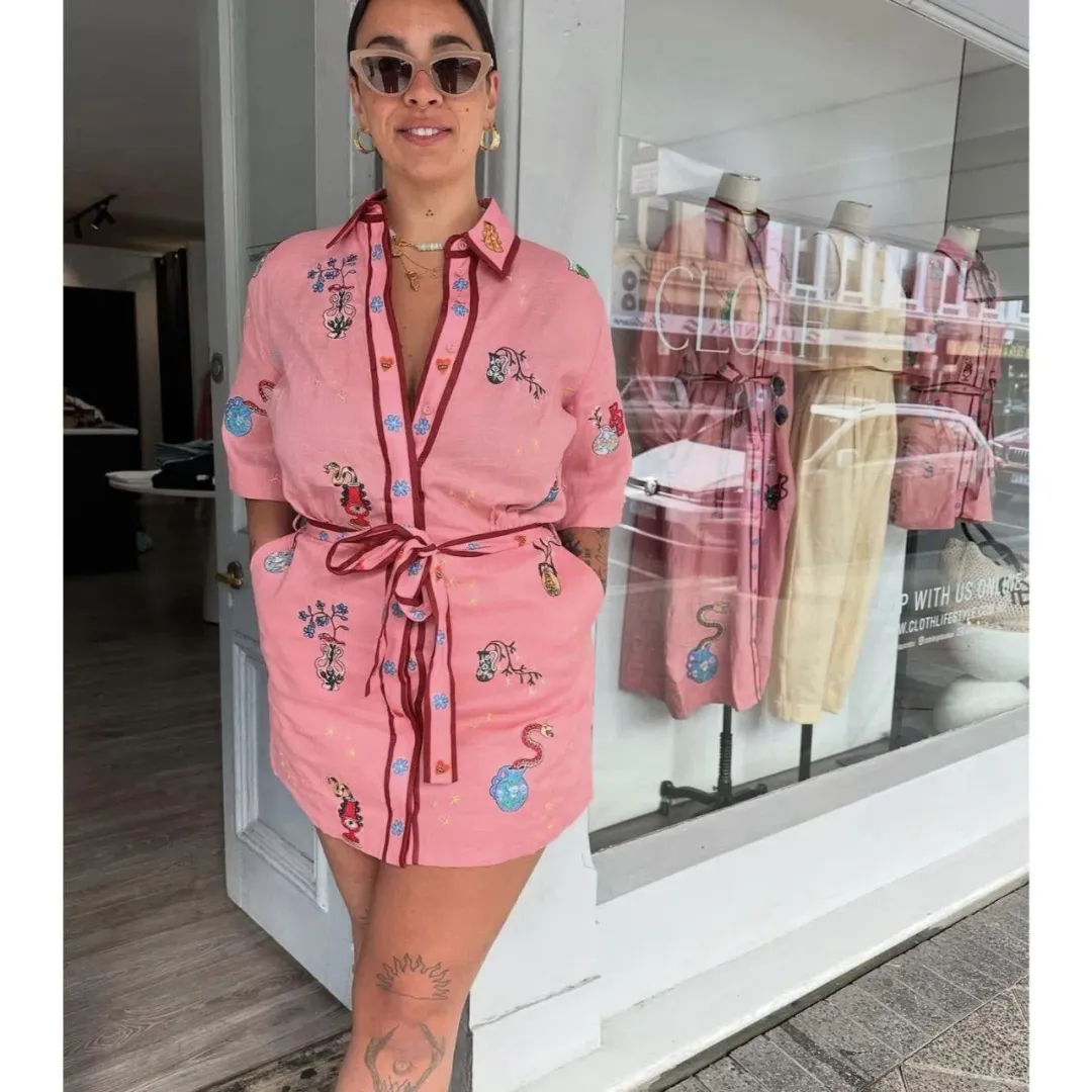 Alemais Timmy Pink Linen Embroidered Mini Shirt Dress Size 16 for rent on The Volte - main image
