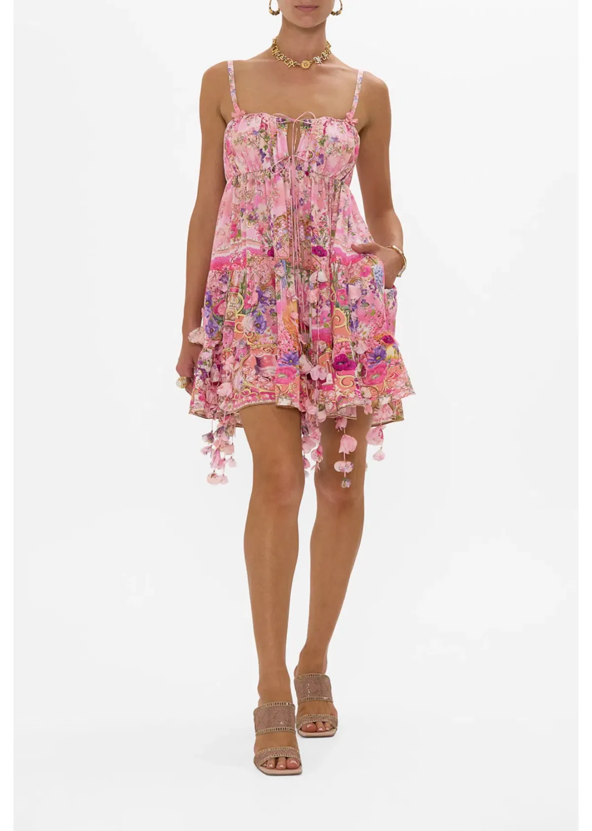 Camilla Gathered Bust Tiered Mini Dress Pink Size 18 for rent on The Volte - main image