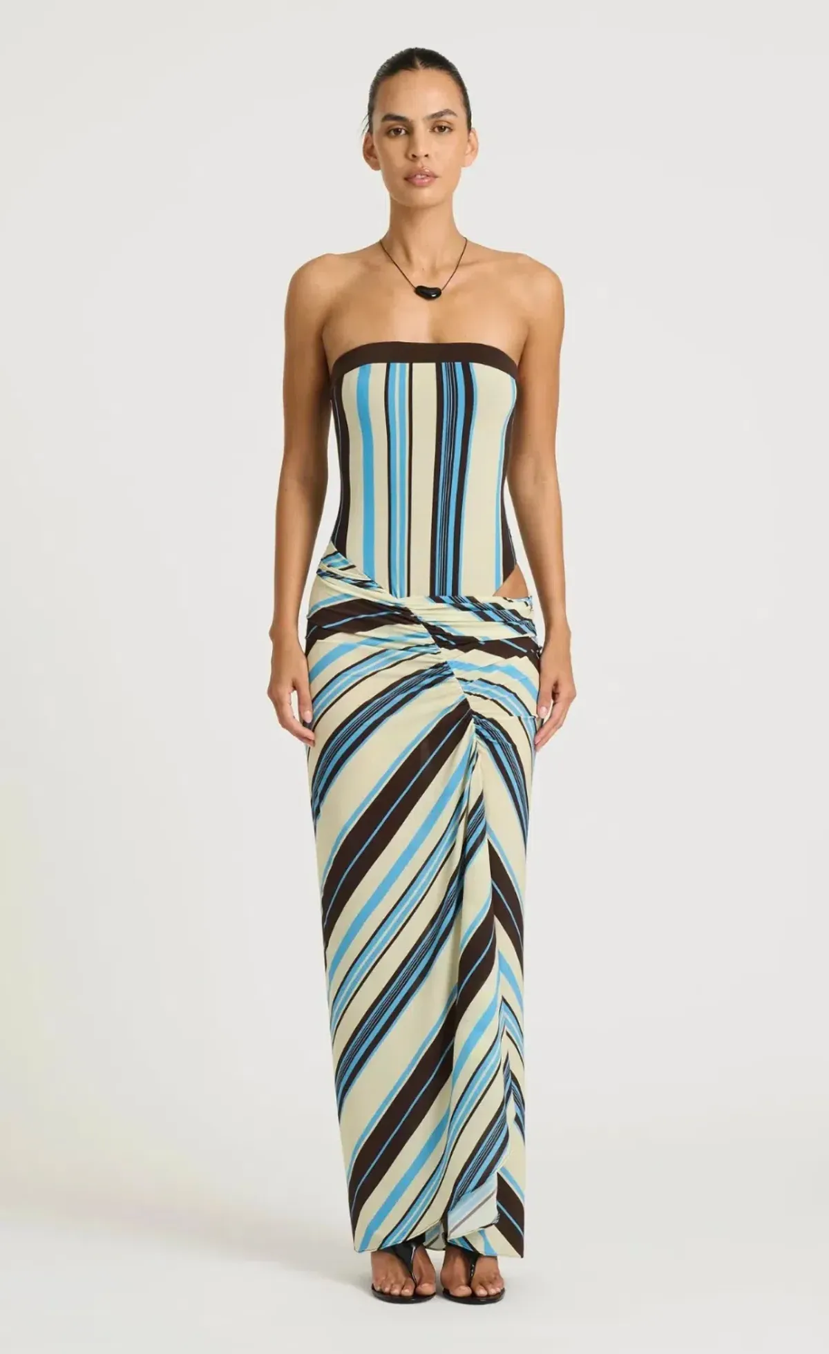 BENNI Rumi Strapless Maxi Dress in Ocean Stripe for rent on The Volte - main image