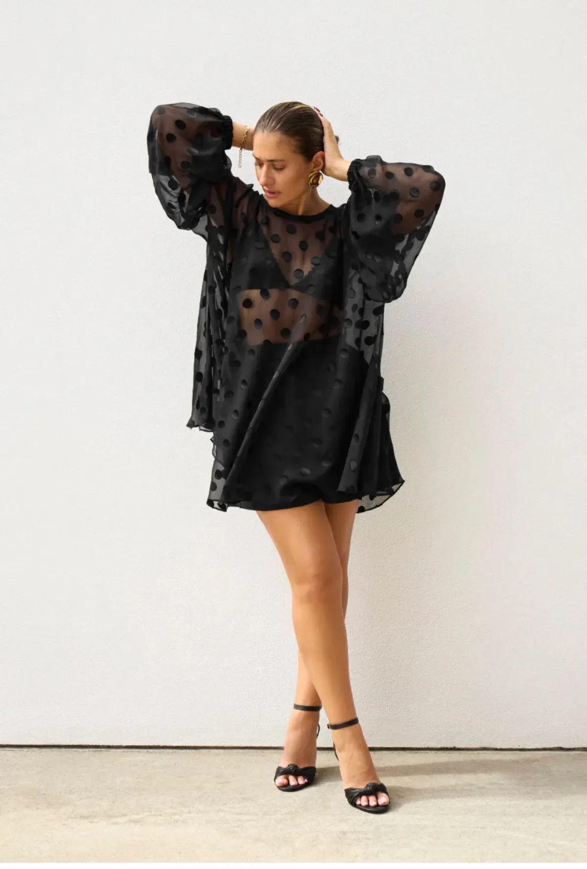 Isabella Longginou Black Sheer Spot Blouse Size L for rent on The Volte - main image