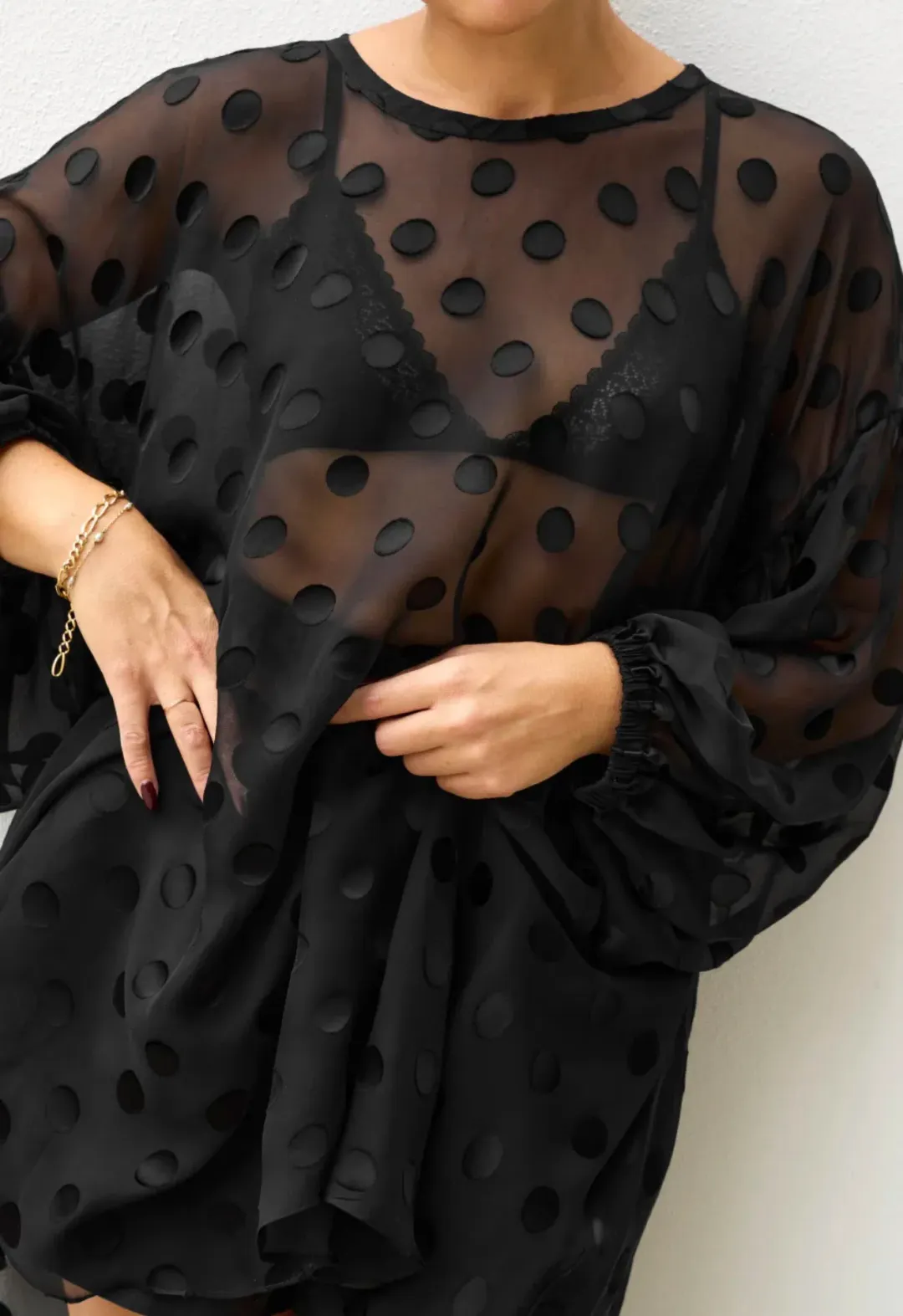 Isabella Longginou Black Sheer Spot Blouse Size L for rent on The Volte - main image
