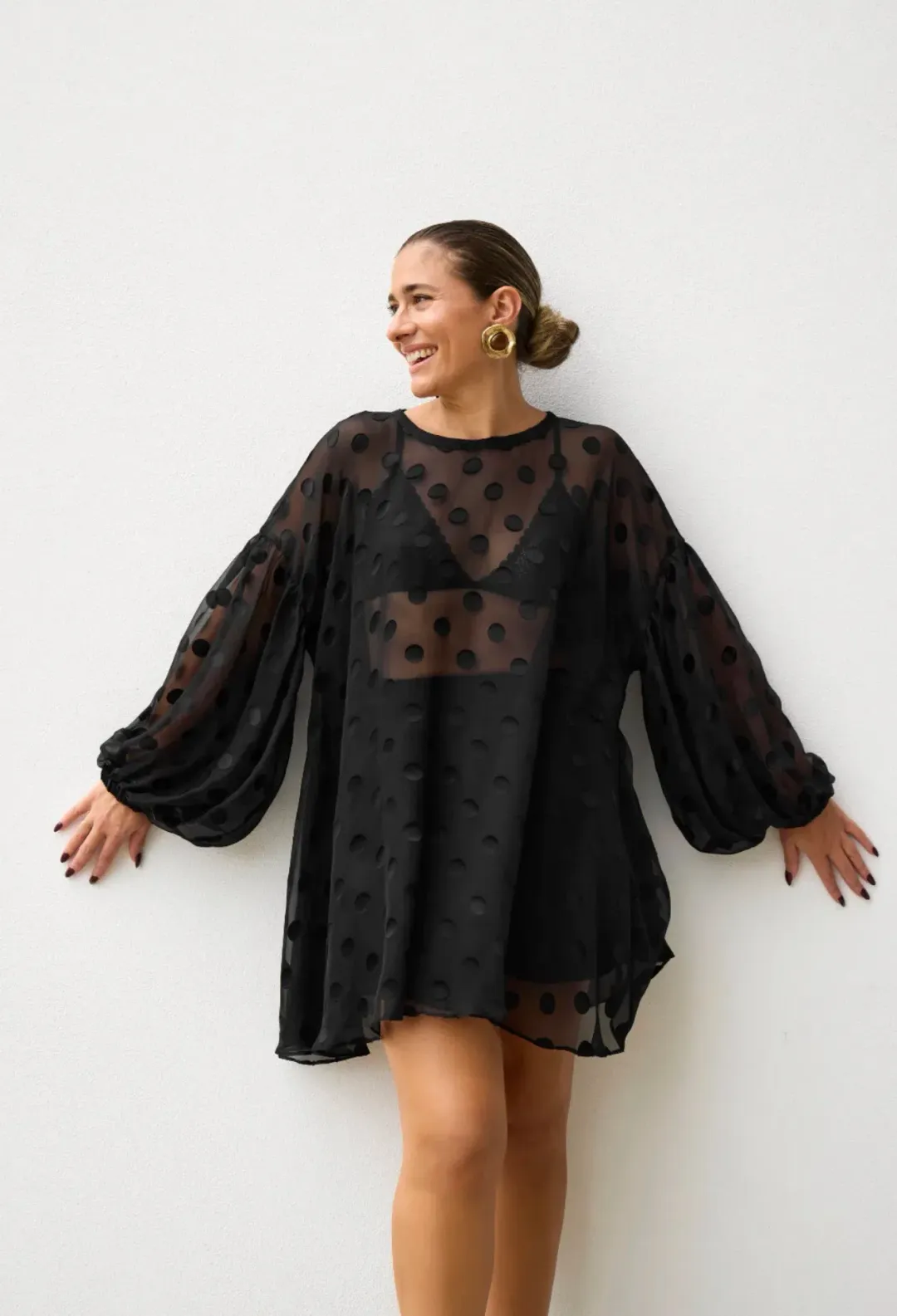 Isabella Longginou Black Sheer Spot Blouse Size L for rent on The Volte - main image