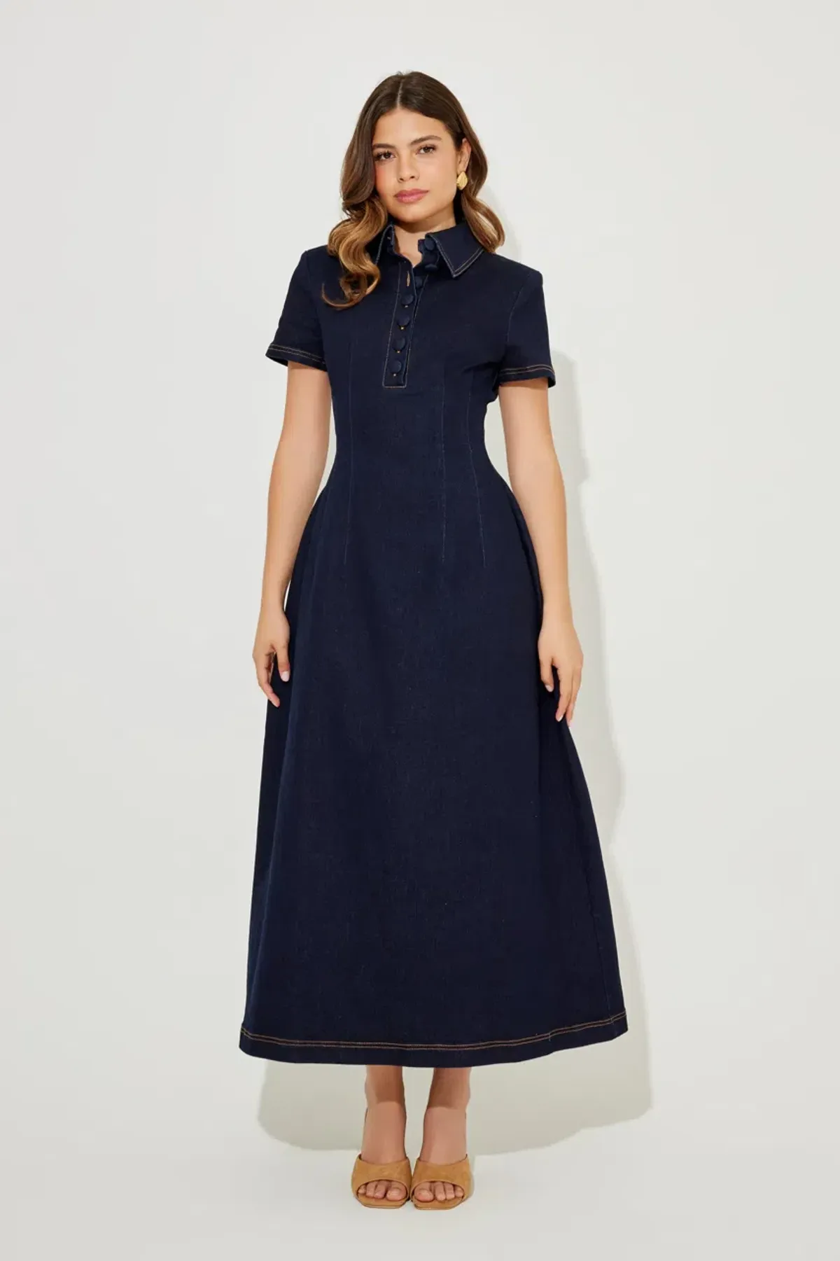Odd Muse Denim Collared Midi Dress Dark Denim Size L - Image 1