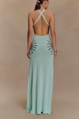 Meshki Ellington Knit Maxi Dress With Sequin - Lagoon, Alexandra Saint Mleux Collection size XS for rent on The Volte - image 3
