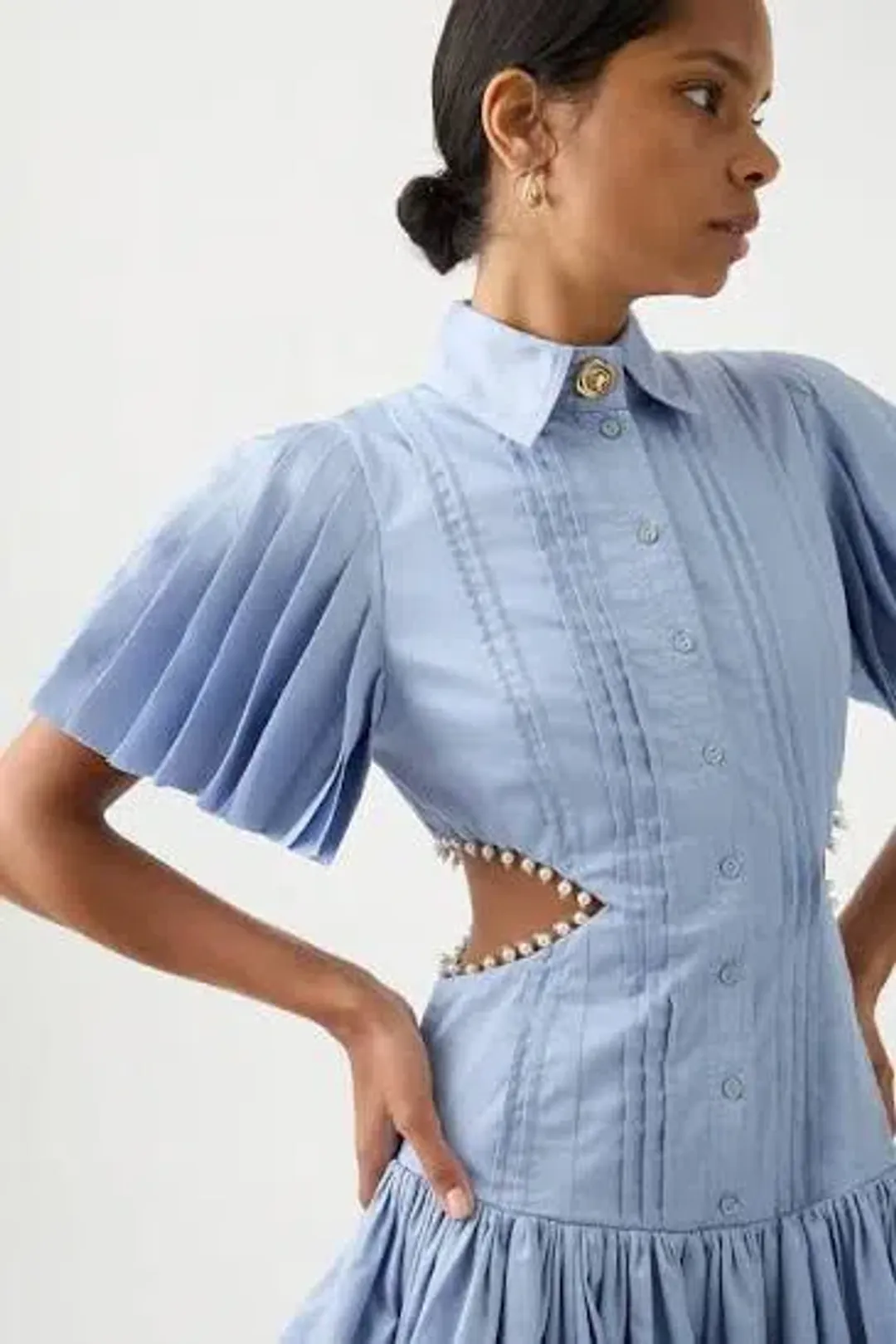 AJE MYTHOS PEARL WAIST MINI DRESS STEEL BLUE SIZE 6 for rent on The Volte - main image
