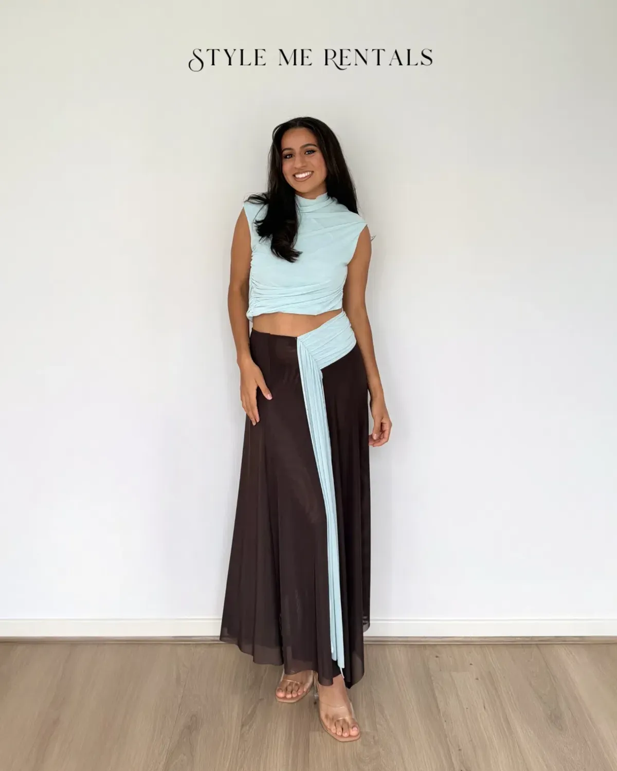 Bec and Bridge Conni Asym Midi Dress Artic Blue and Dark Choc Size 10 - Image 4