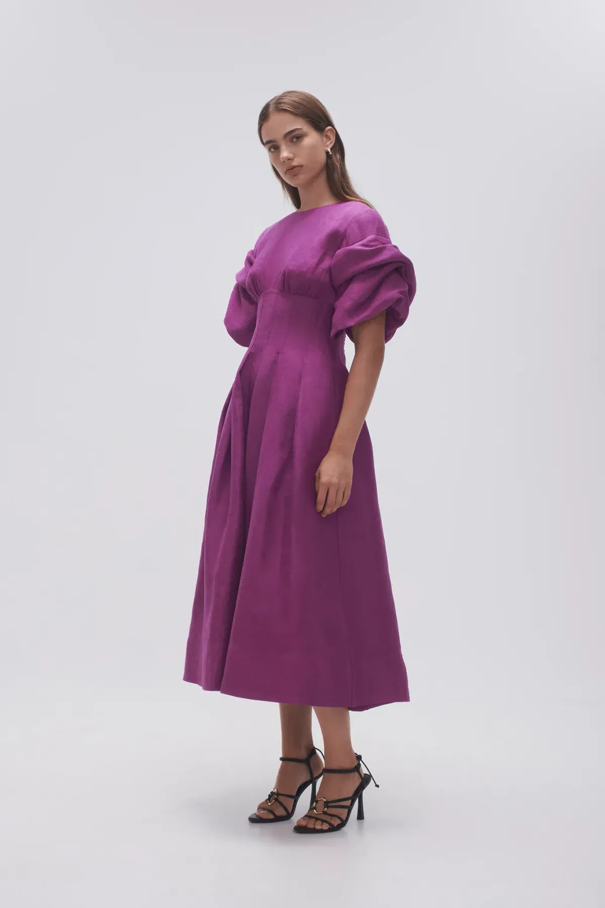 Aje Adelie Puff Sleeve Midi Dress in Plum Purple Size AU 12 - Image 3