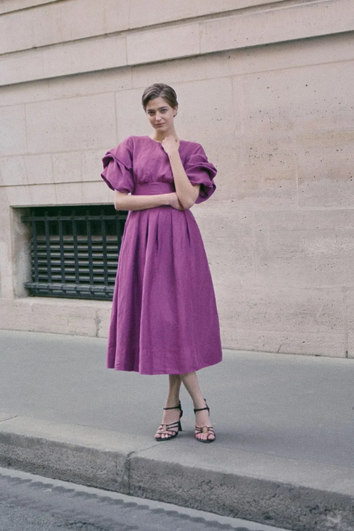 Aje Adelie Puff Sleeve Midi Dress in Plum Purple Size AU 12 - Image 1