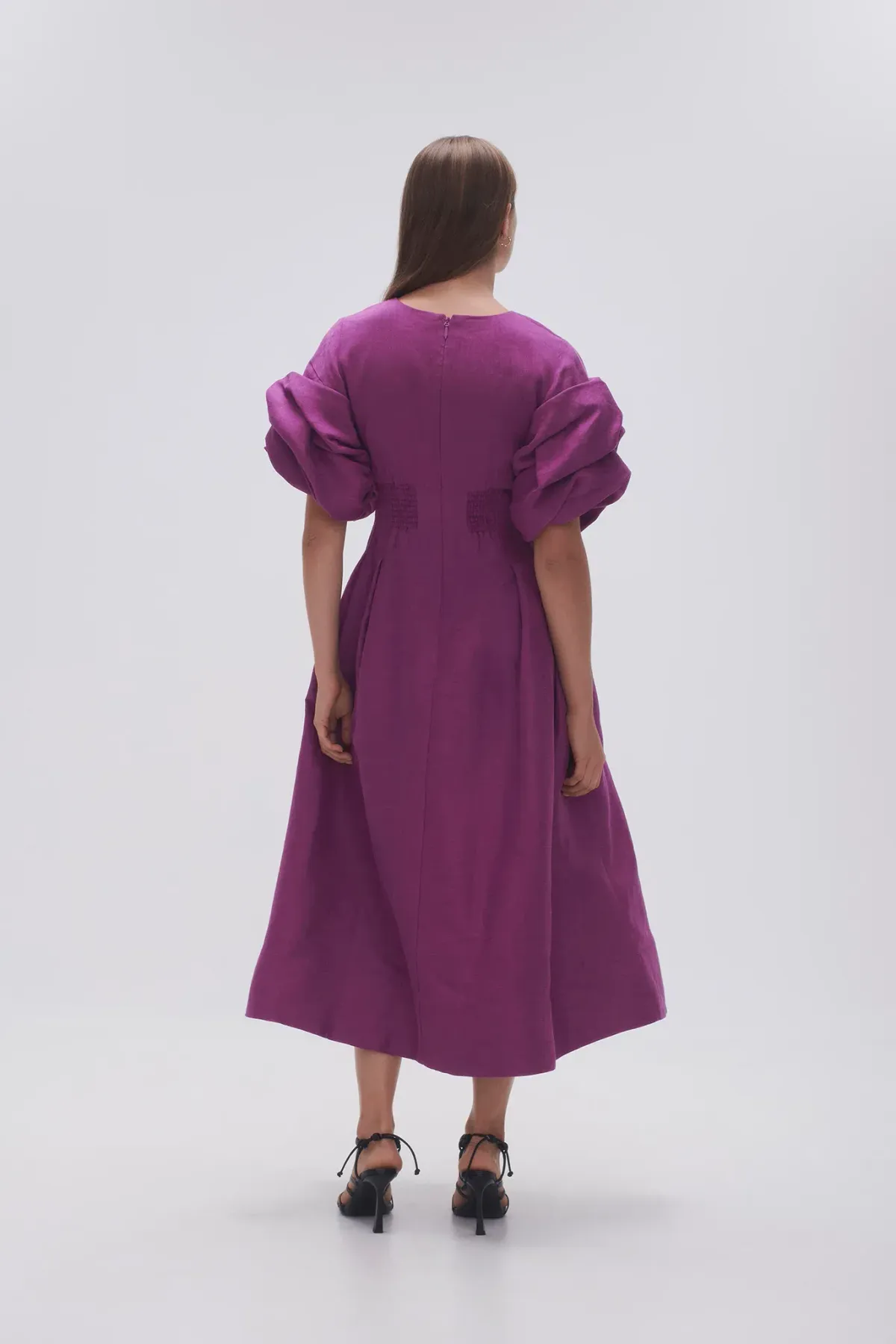 Aje Adelie Puff Sleeve Midi Dress in Plum Purple Size AU 12 - Image 4