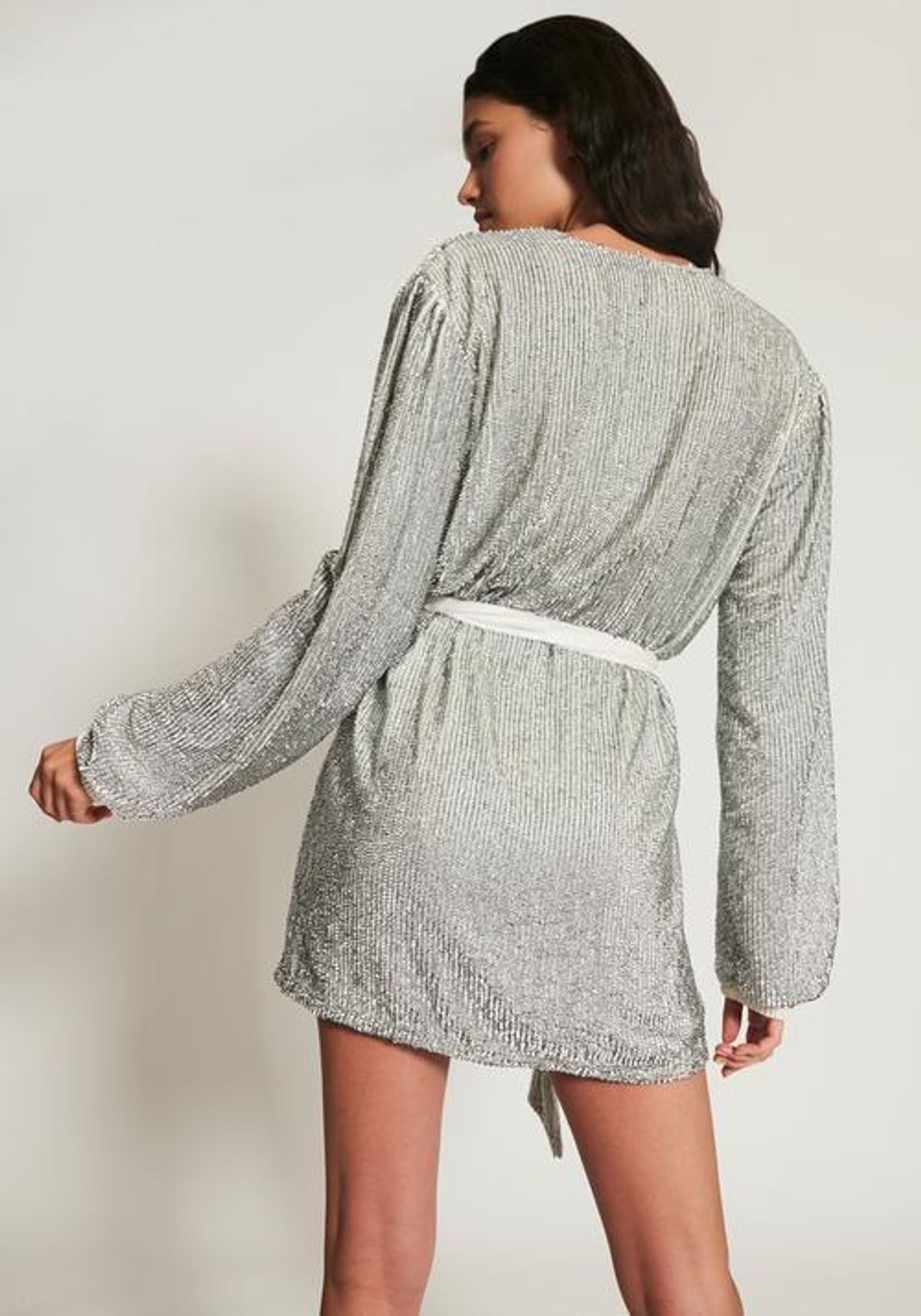 Retrofete Gabrielle Sequin Wrap Mini Dress Silver Size AU 4 - Image 3