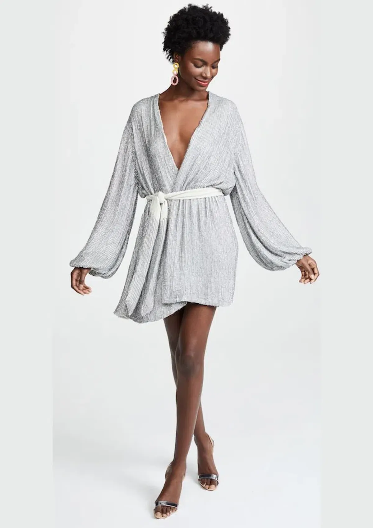 Retrofete Gabrielle Sequin Wrap Mini Dress Silver Size AU 4 - Image 1