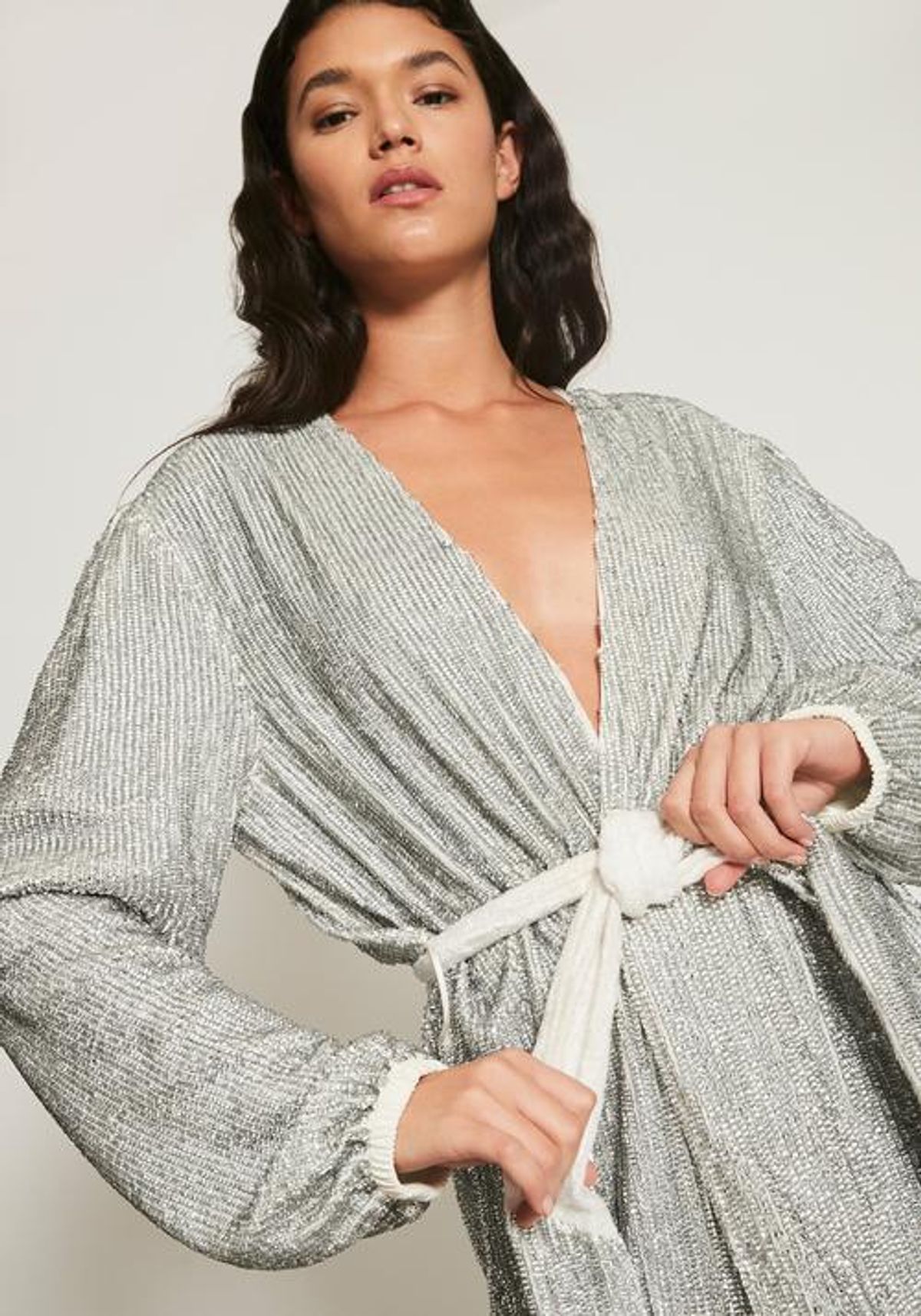 Retrofete Gabrielle Sequin Wrap Mini Dress Silver Size AU 4 - Image 4