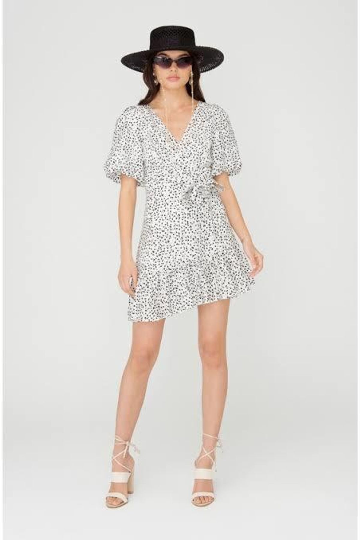 Sheike Milly Puff Sleeves Frill Mini Dress White/Black Dot Size 6 / XS - Image 1