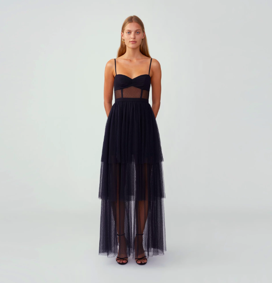Fame and Partners, Black Corset Tiered Gown for rent on The Volte - main image