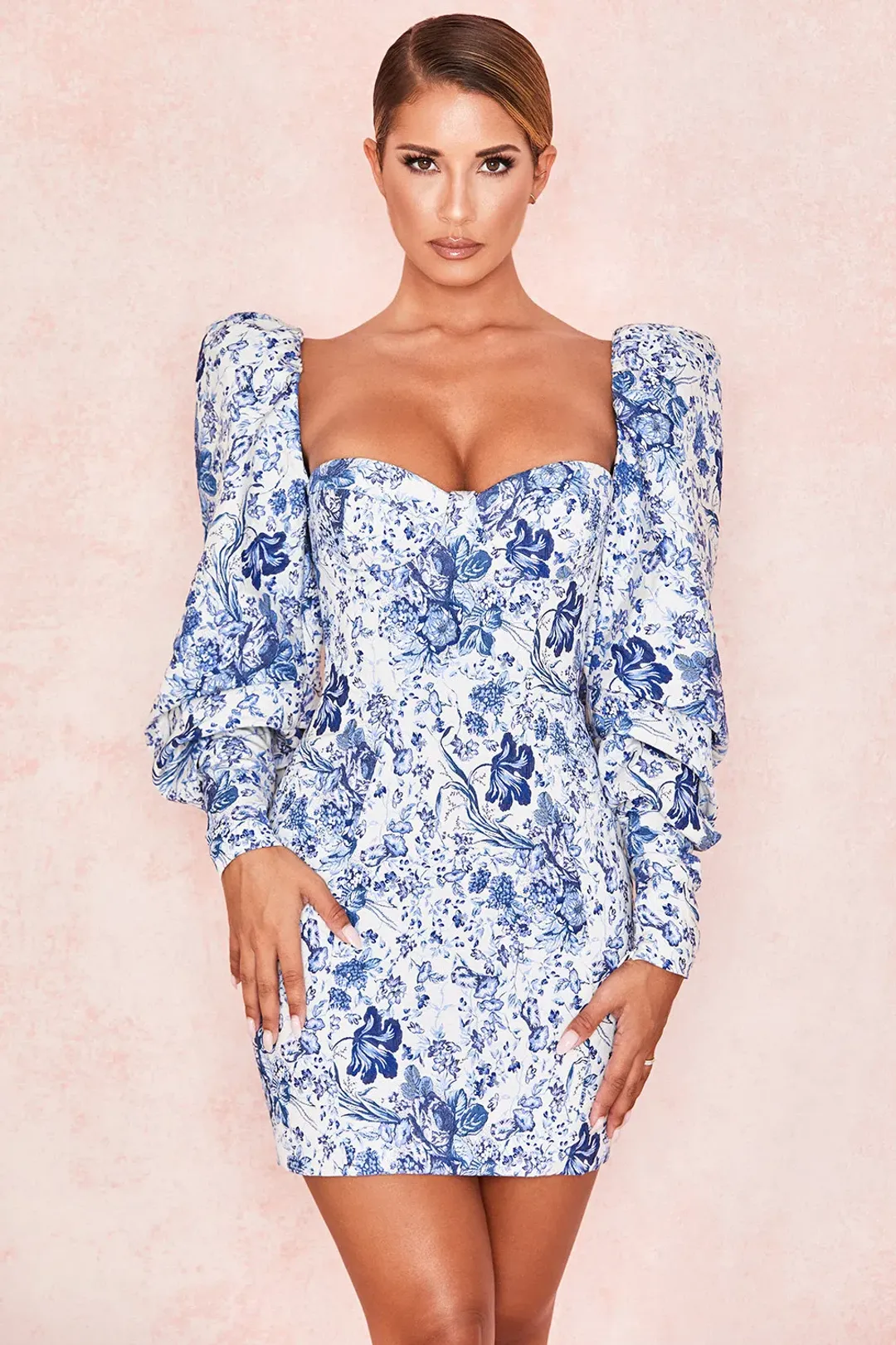 House of CB Lucrezia Puff Sleeve Mini Dress Blue/White Floral Size 6 for rent on The Volte - main image